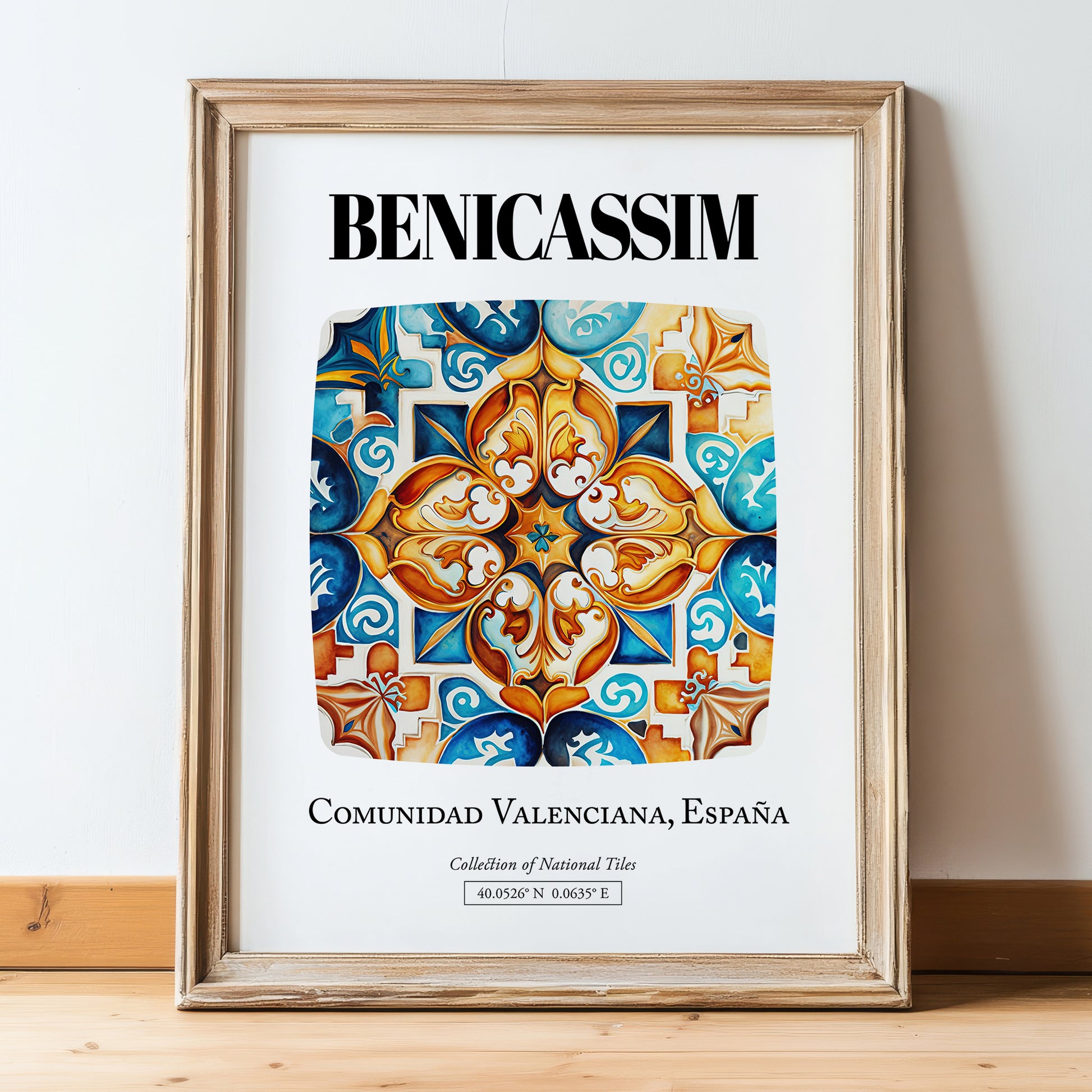 Benicassim, Spain – Travel Print, in wooden frame leaning on the floor