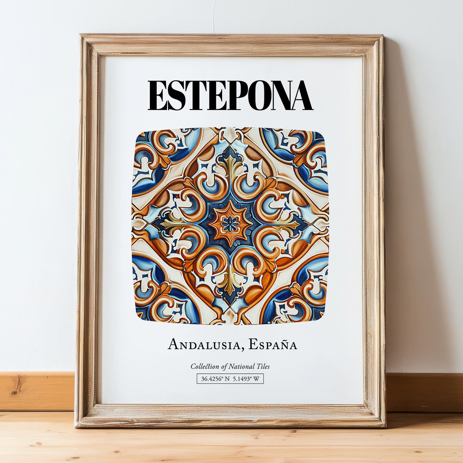 Estepona, Spain – Travel Poster, in wooden frame leaning on the floor