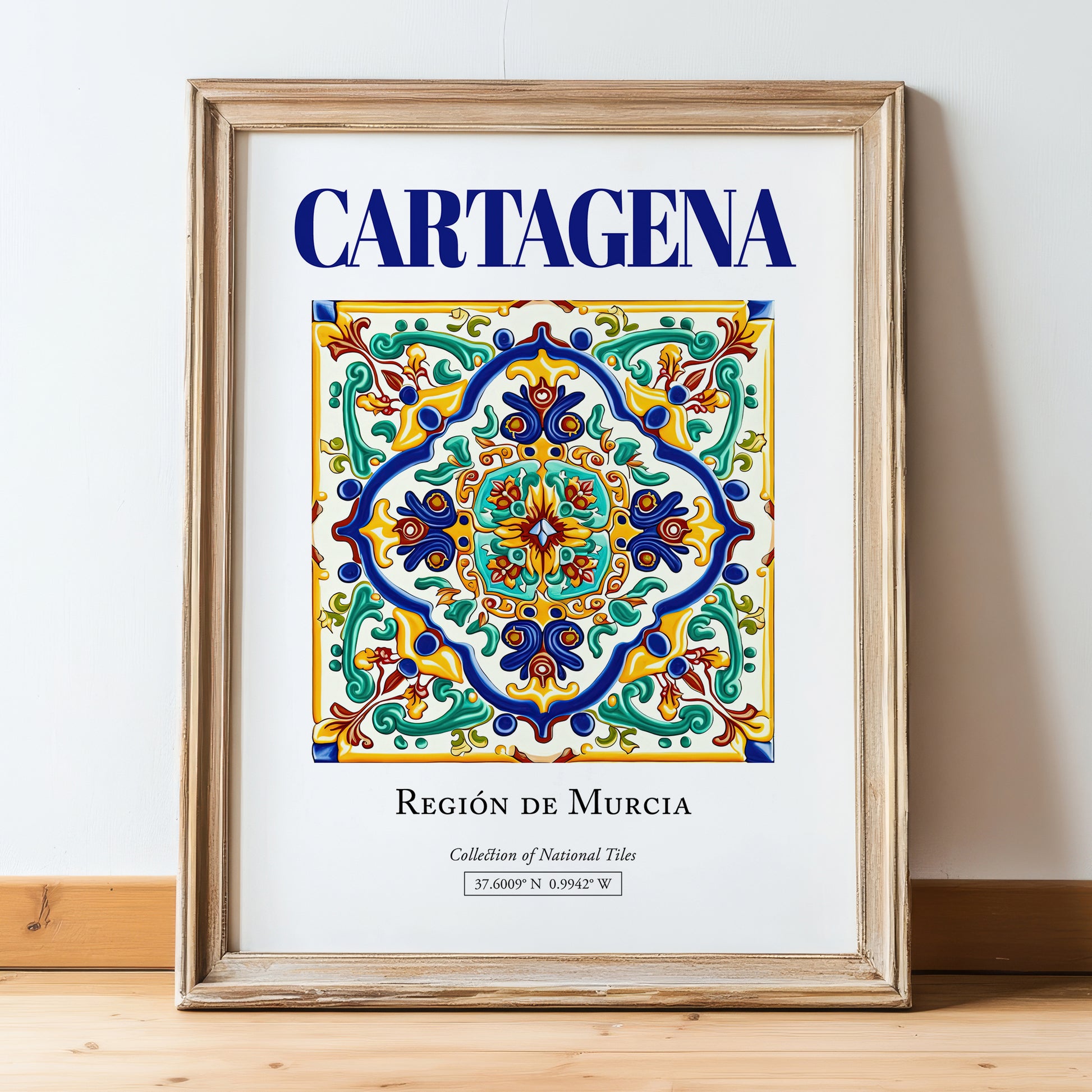 Cartagena, Spain – Minimalist Travel Print, in wooden frame leaning on the floor