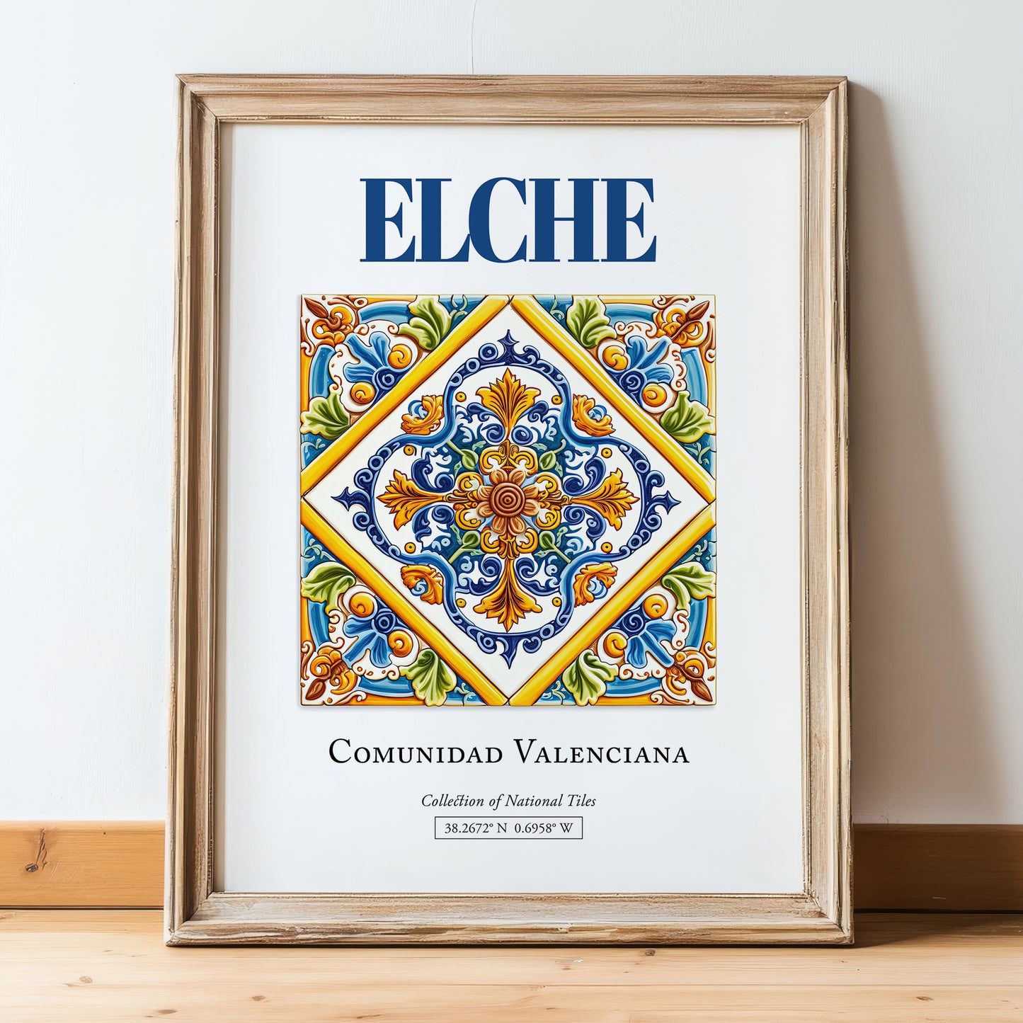 Elche, Spain – Travel Wall Art, in wooden frame leaning on the floor