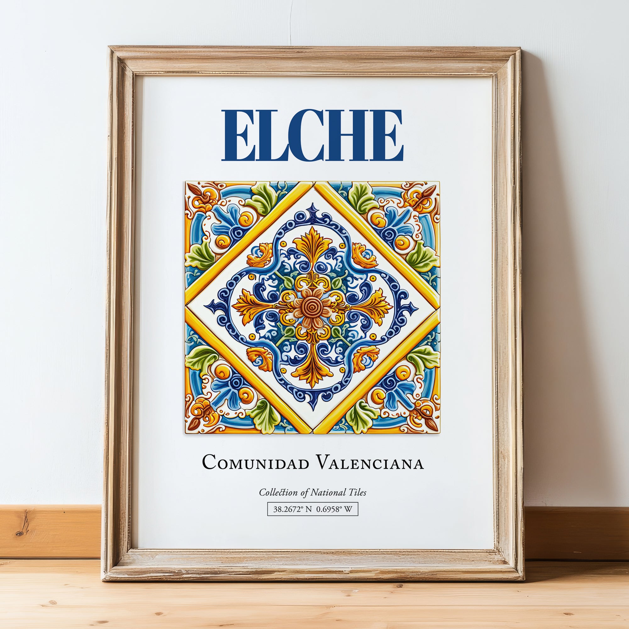 Elche, Spain – Travel Wall Art, in wooden frame leaning on the floor