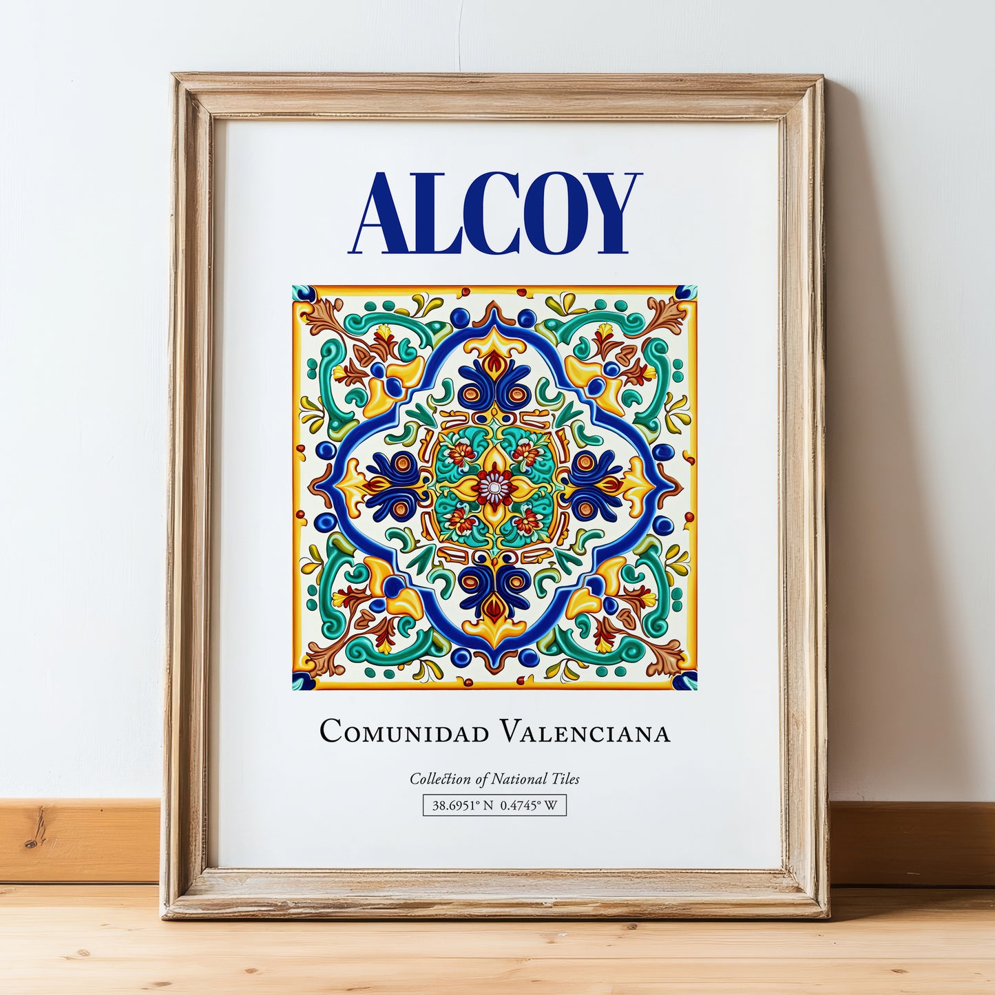 Alcoy, Spain – World Travel Art, in wooden frame leaning on the floor