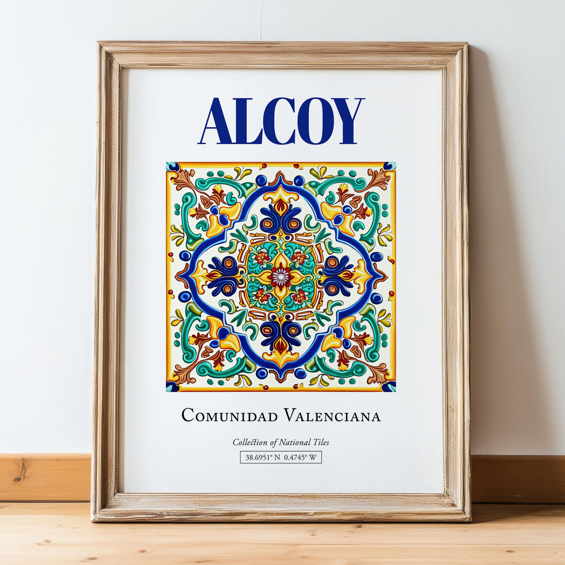 Alcoy, Spain – World Travel Art, in wooden frame leaning on the floor