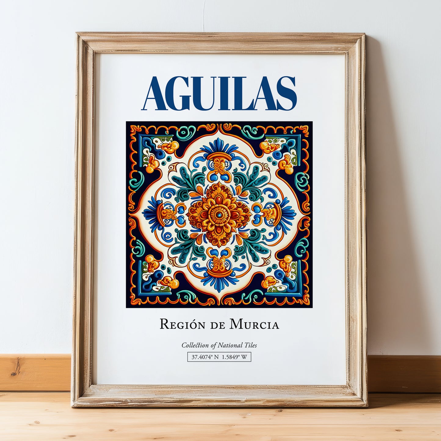 Aguilas, Spain – Retro Travel Poster, in wooden frame leaning on the floor