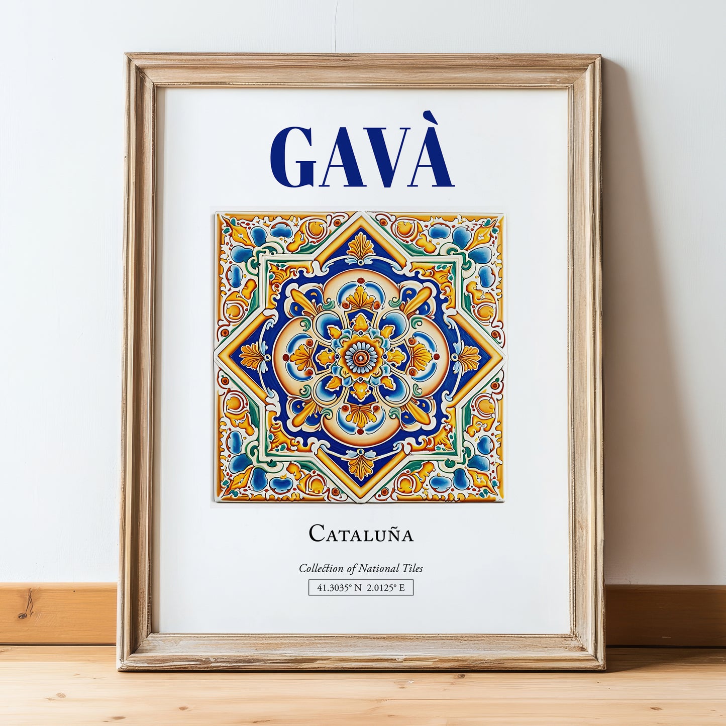 Gavà, Spain – Travel Print, in wooden frame leaning on the floor