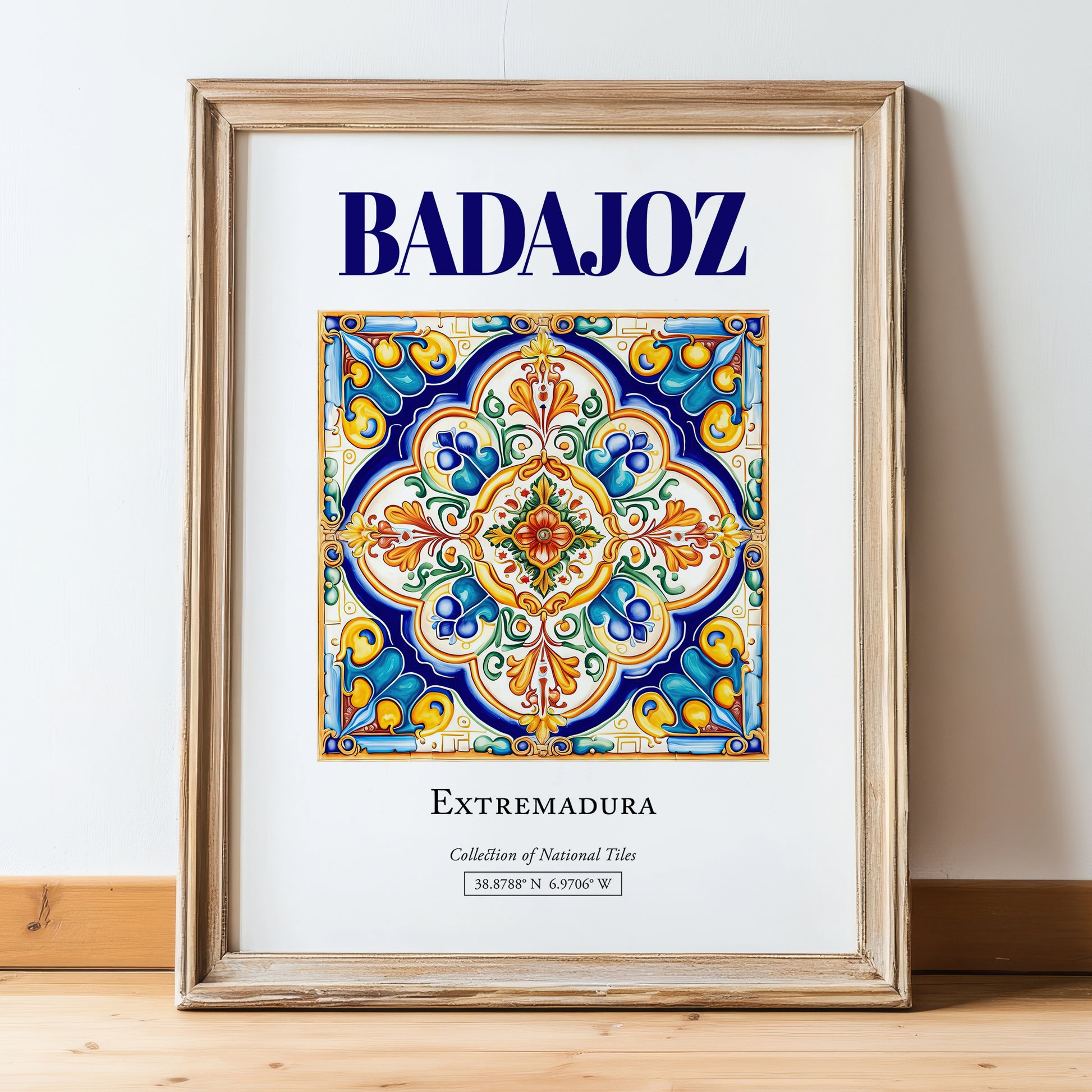 Badajoz, Spain – Travel Poster, in wooden frame leaning on the floor