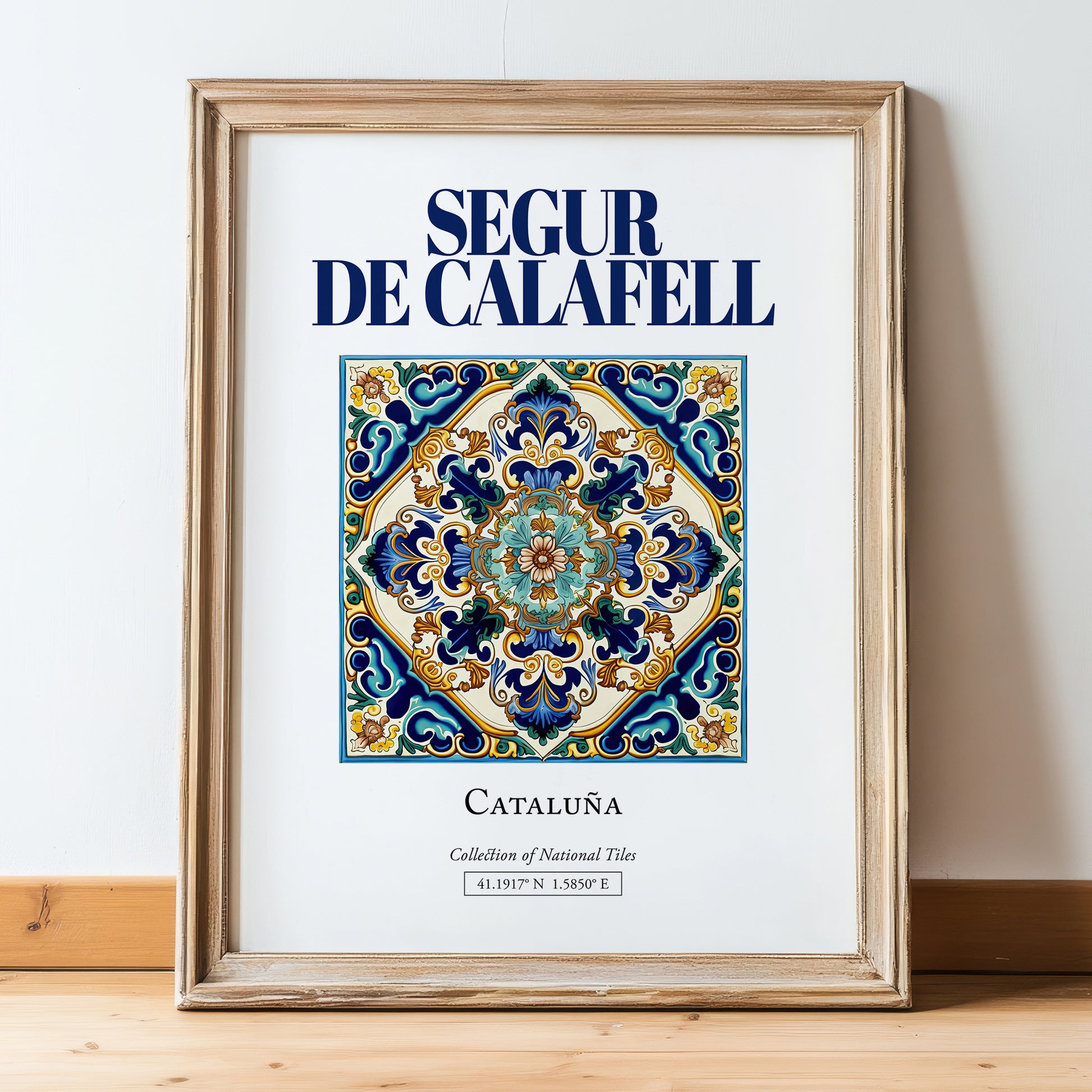 Segur de Calafell, Spain – Travel Print, in wooden frame leaning on the floor