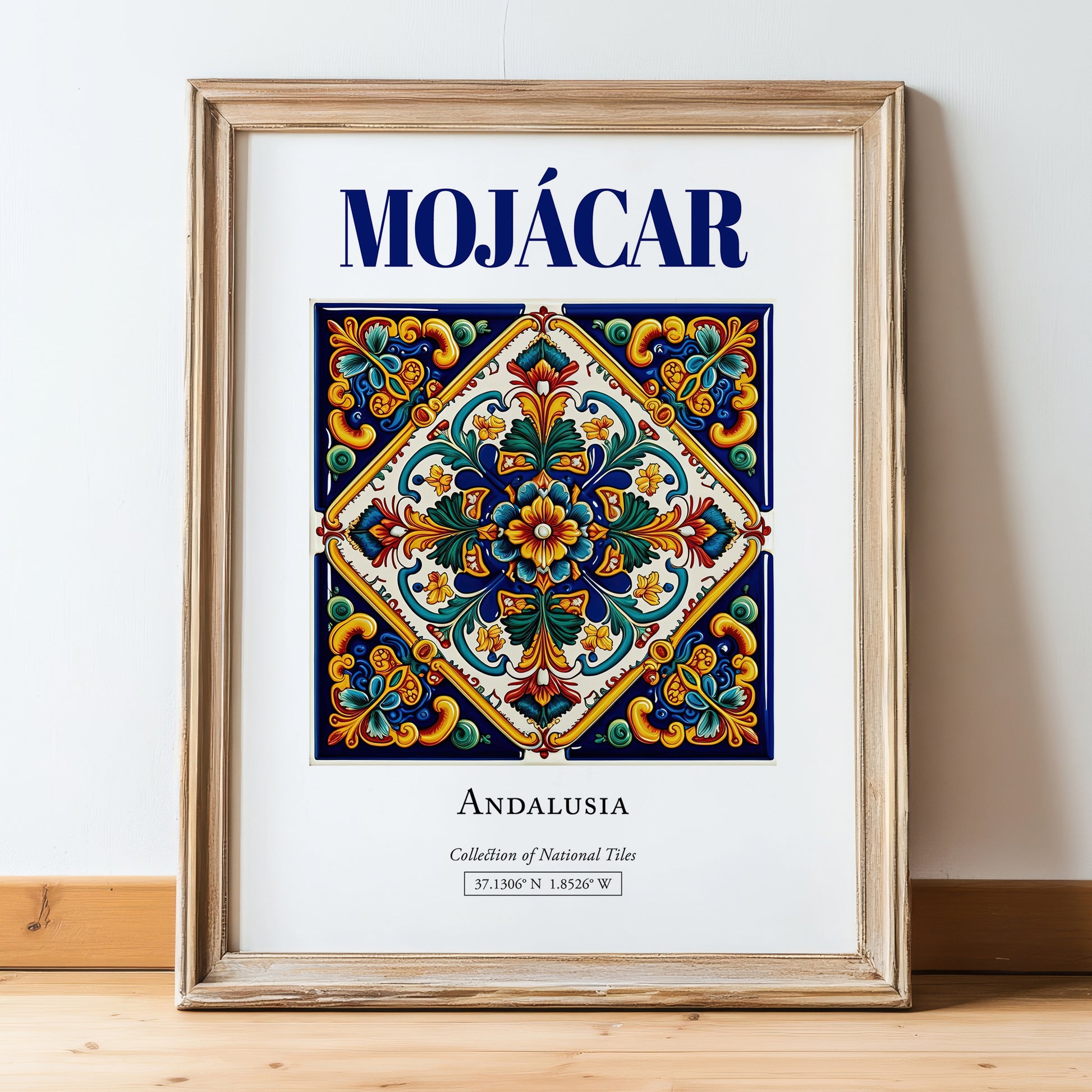 Mojácar, Spain – Travel Poster, in wooden frame leaning on the floor