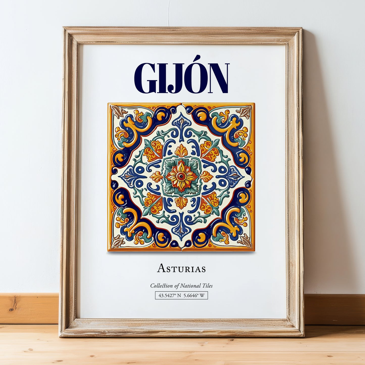 Gijón, Spain – Travel Wall Art, in wooden frame leaning on the floor