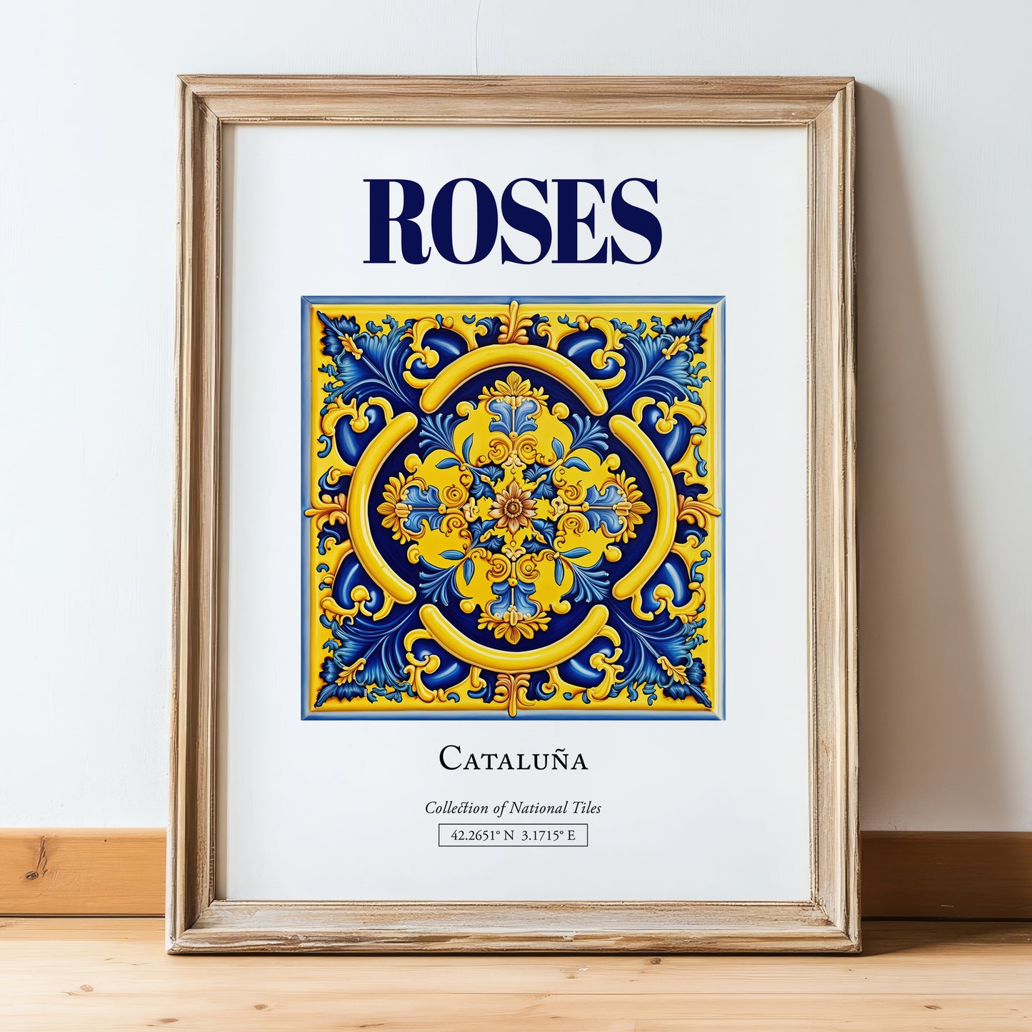 Roses, Spain – Travel Poster, in wooden frame leaning on the floor
