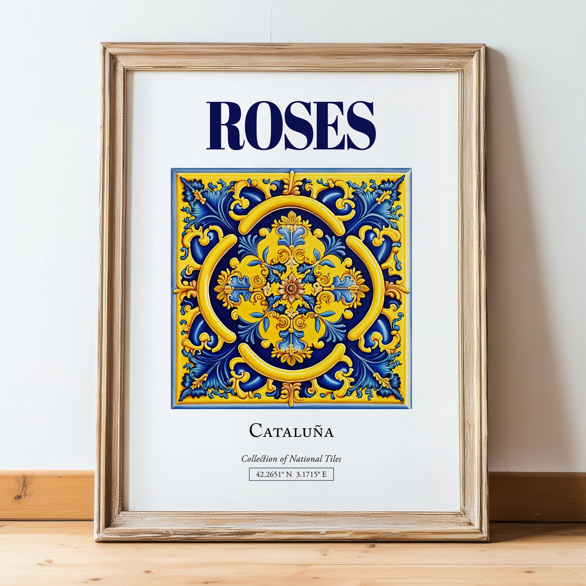 Roses, Spain – Travel Poster, in wooden frame leaning on the floor