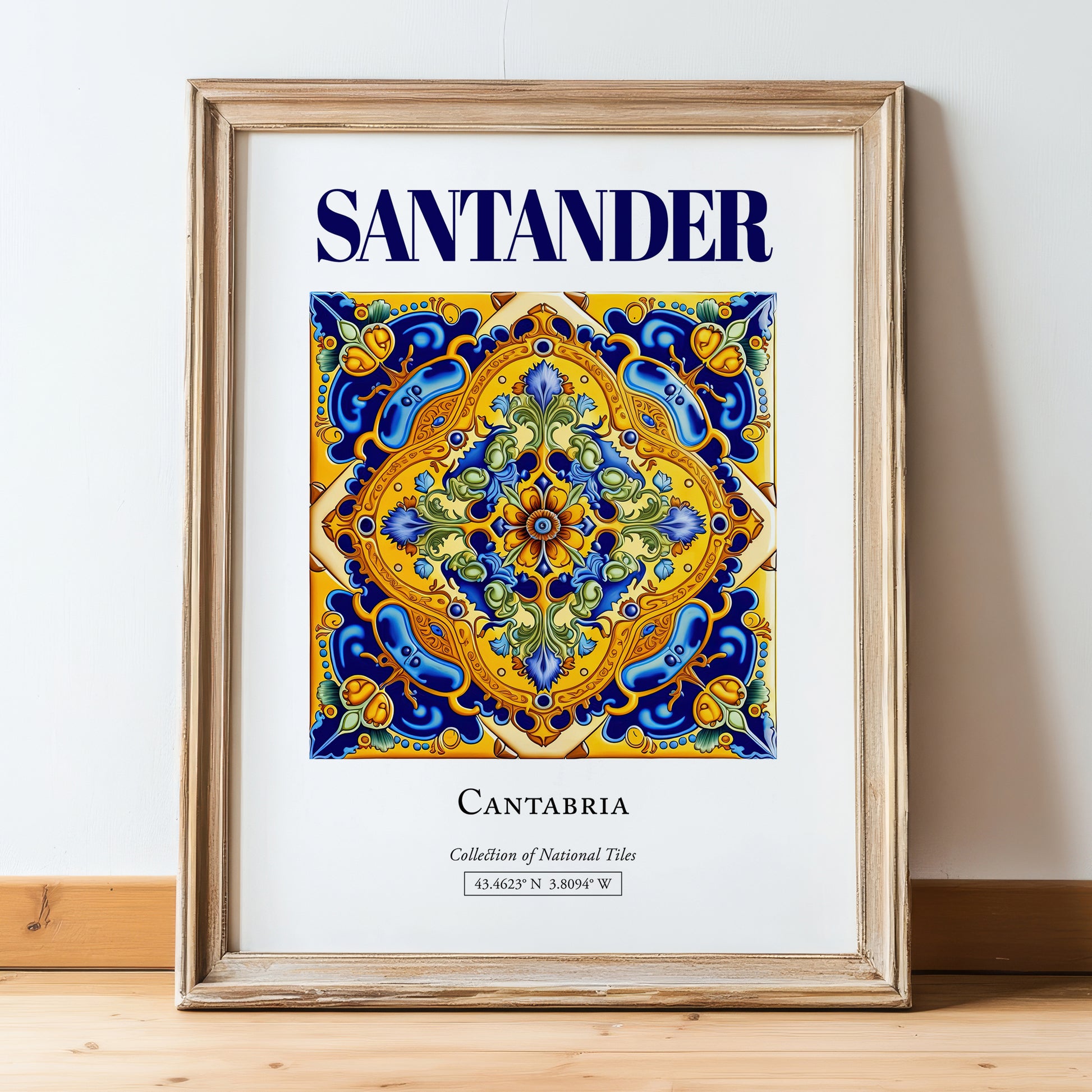 Santander, Spain – Minimalist Travel Print, in wooden frame leaning on the floor