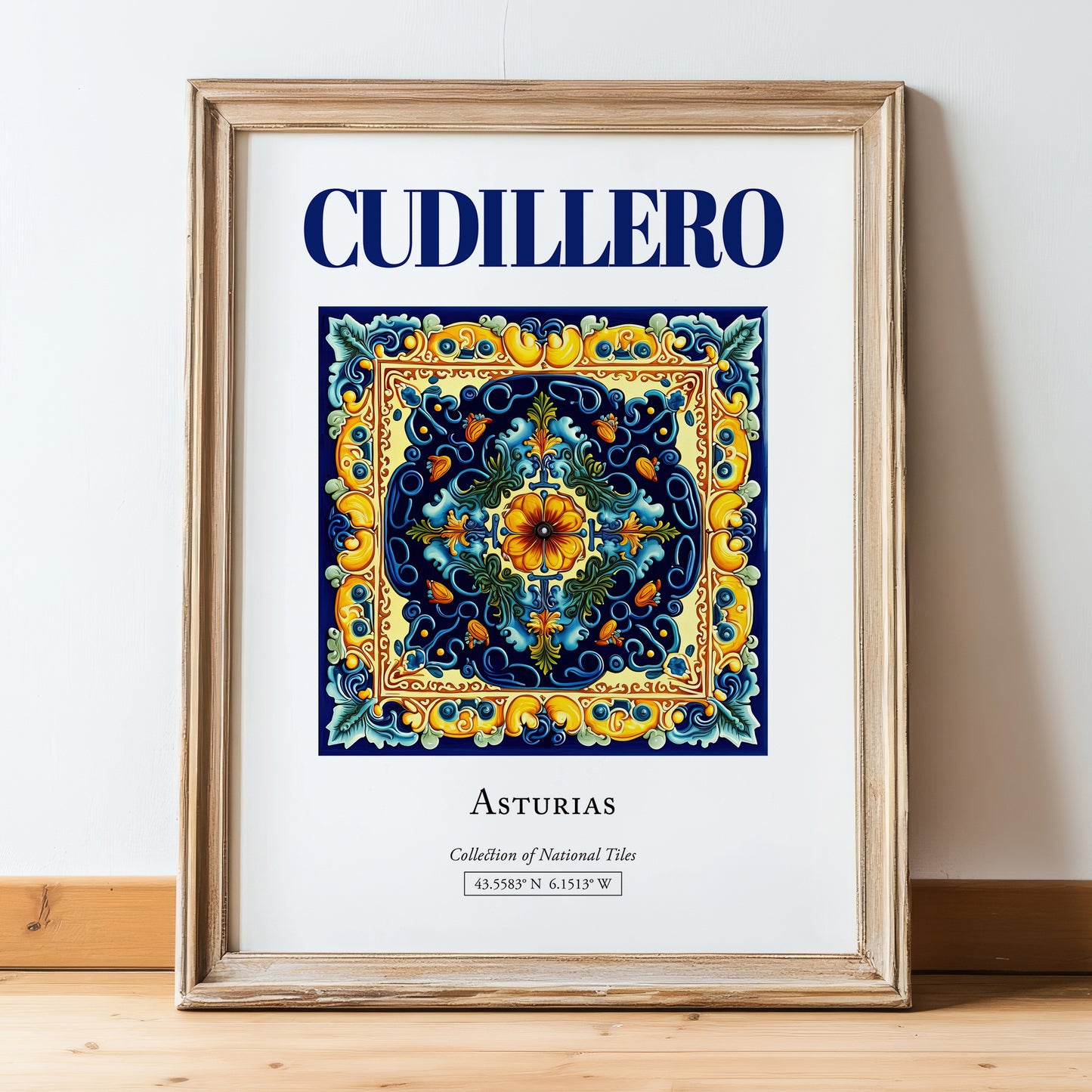 Cudillero, Spain – Travel Print, in wooden frame leaning on the floor