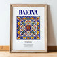 Baiona, Spain – Retro Travel Poster, in wooden frame leaning on the floor