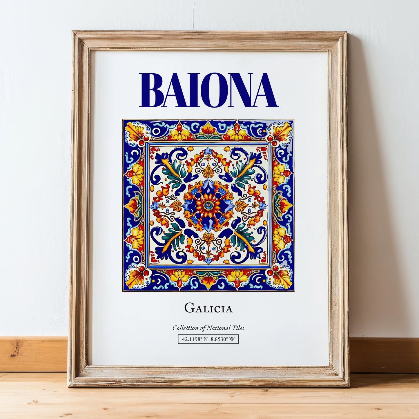 Baiona, Spain – Retro Travel Poster, in wooden frame leaning on the floor
