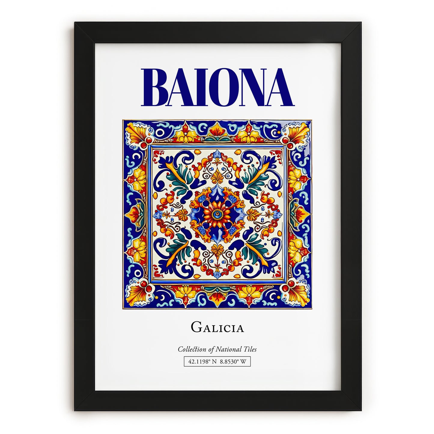 Baiona, Spain – Retro Travel Poster, in sleek black frame