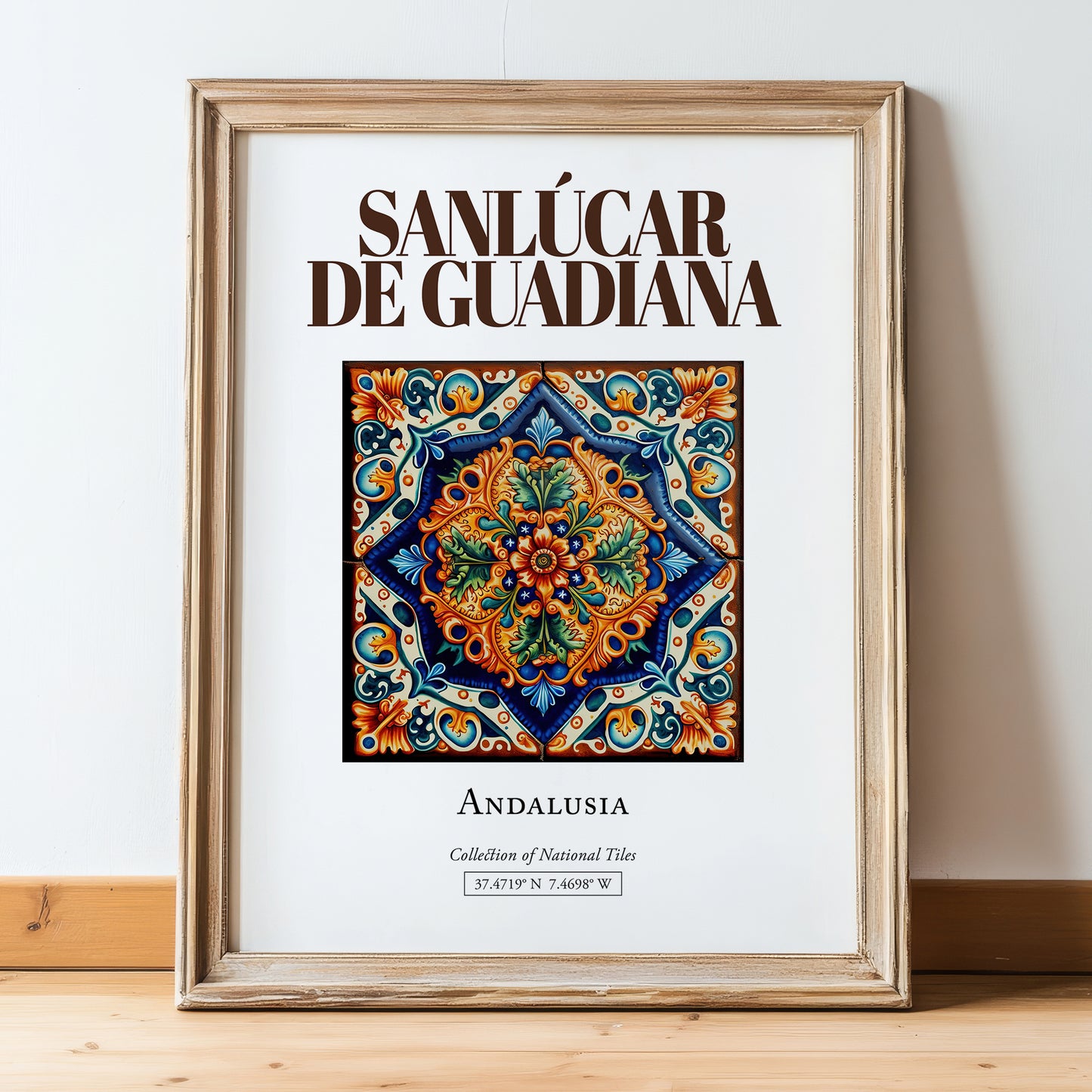Sanlúcar de Guadiana, Spain – Travel Poster, in wooden frame leaning on the floor