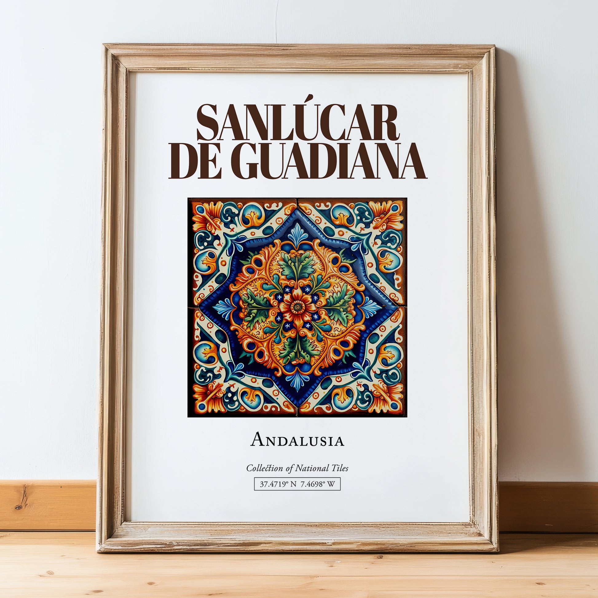 Sanlúcar de Guadiana, Spain – Travel Poster, in wooden frame leaning on the floor