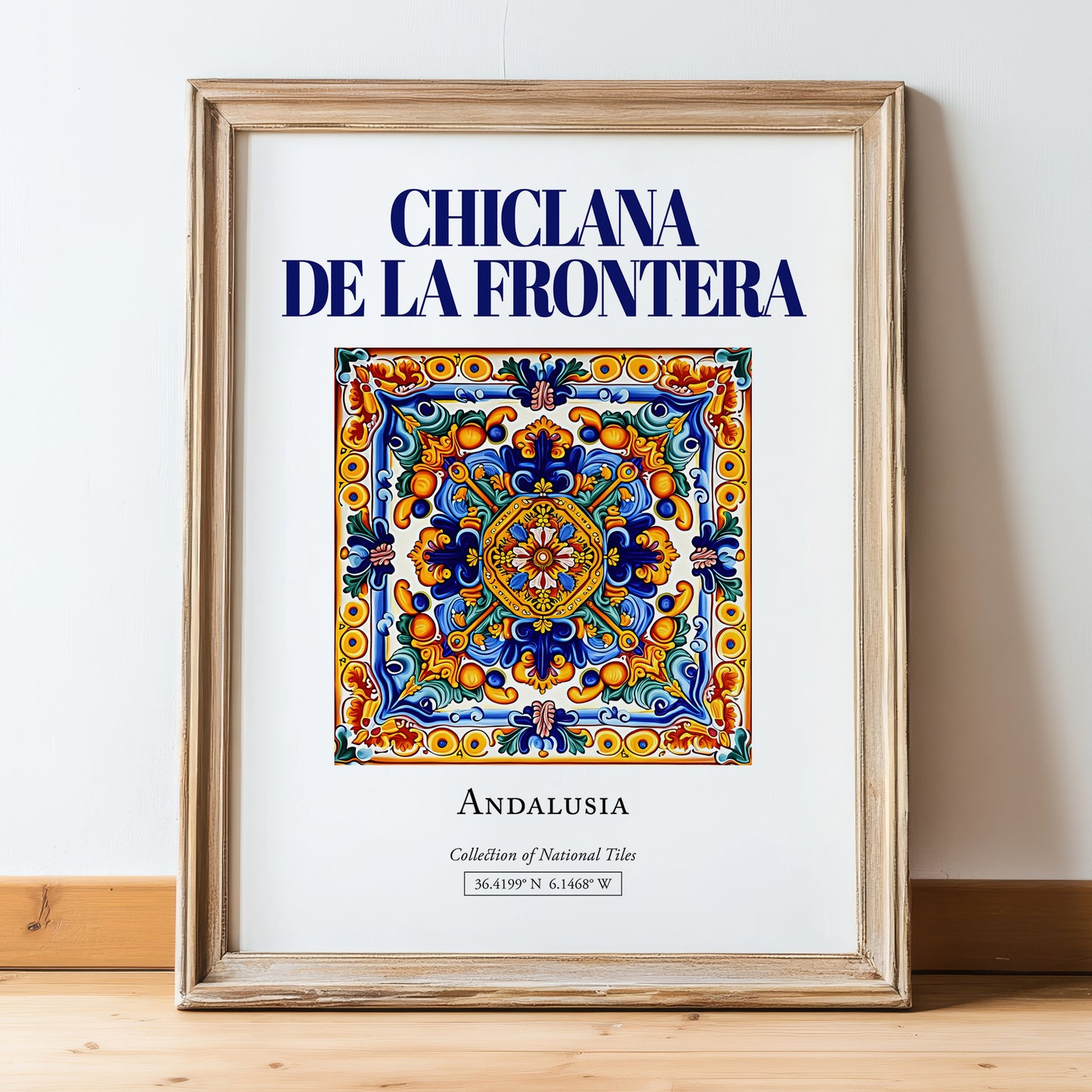 Chiclana de la Frontera, Spain – Travel Destination Art, in wooden frame leaning on the floor