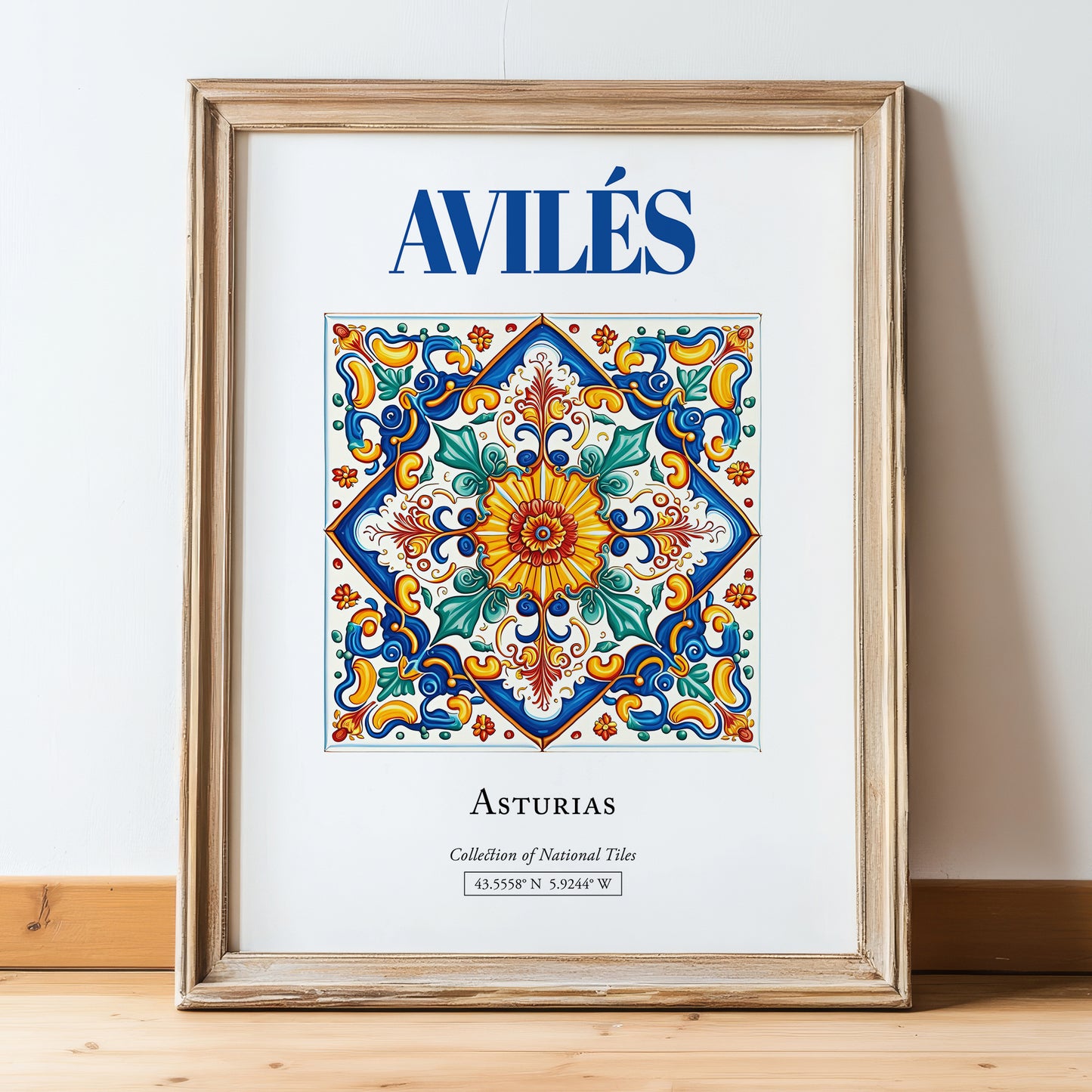 Avilés, Spain – Travel Print, in wooden frame leaning on the floor