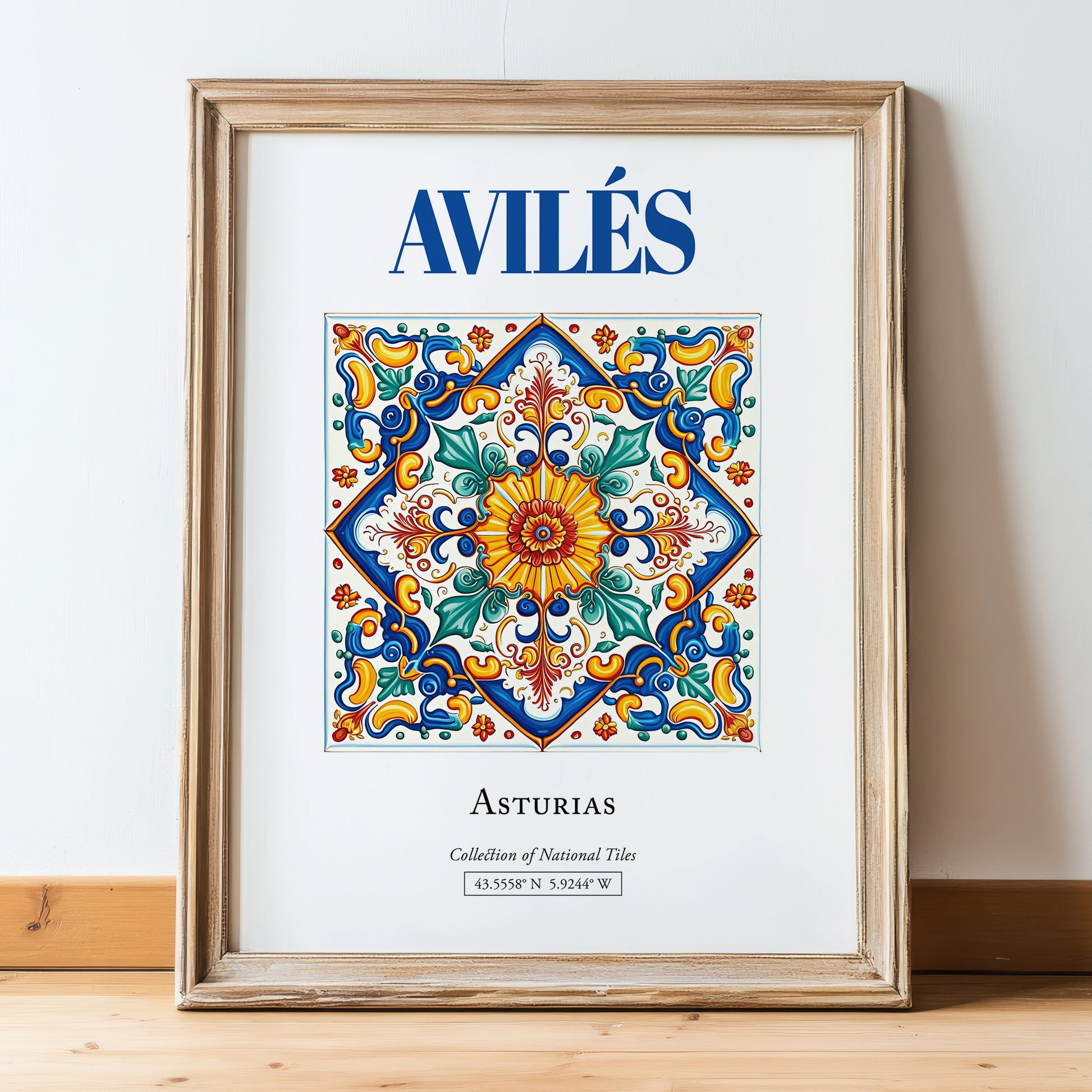 Avilés, Spain – Travel Print, in wooden frame leaning on the floor