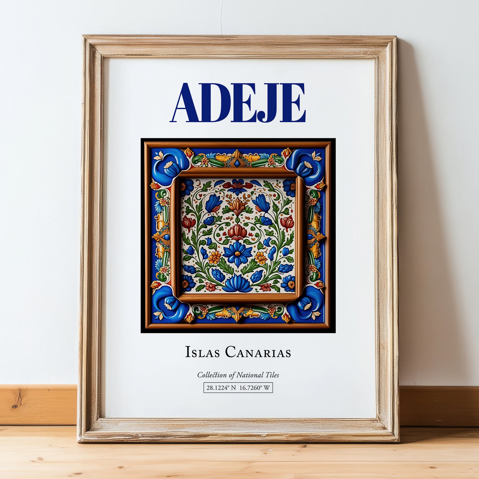 Adeje, Spain – World Heritage Travel Poster, in wooden frame leaning on the floor