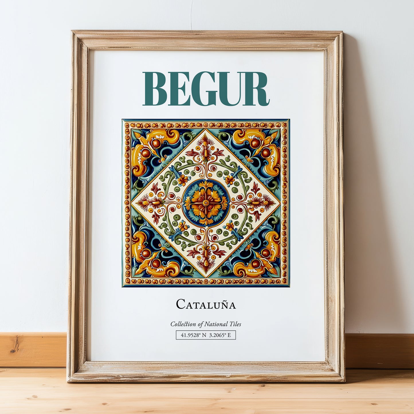 Begur, Spain – Travel Poster, in wooden frame leaning on the floor