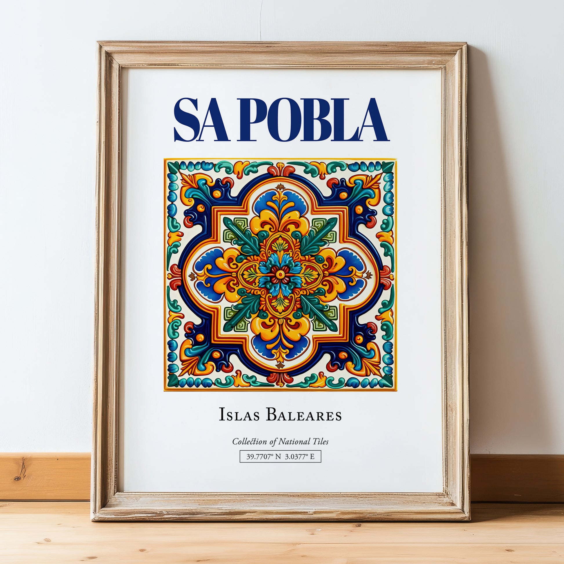 Sa Pobla, Spain – Travel Poster, in wooden frame leaning on the floor