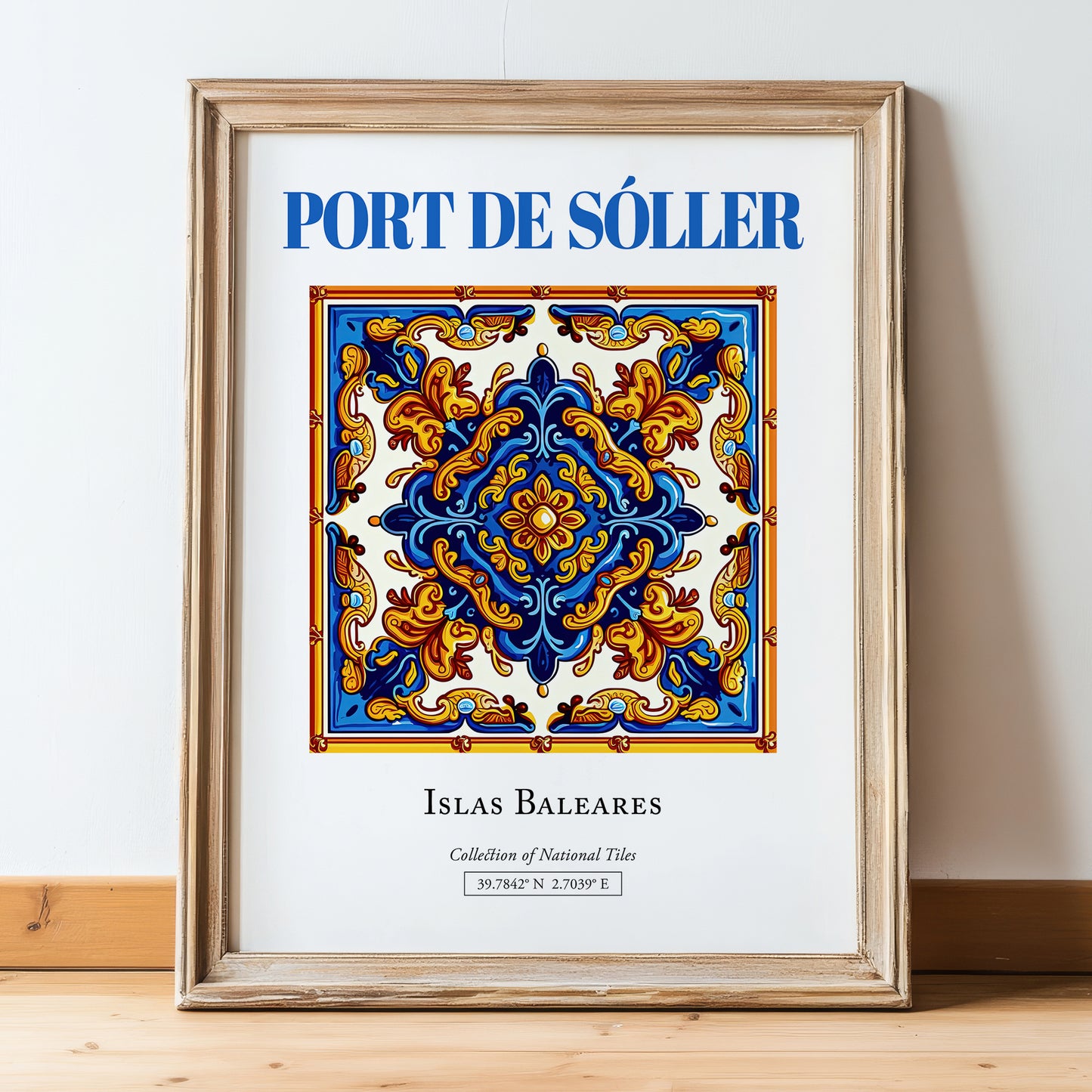 Port de Sóller, Spain – Travel Poster, in wooden frame leaning on the floor
