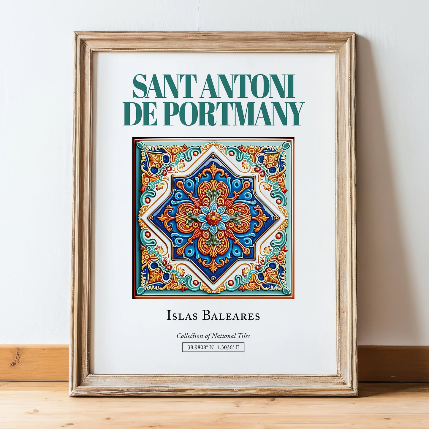 Sant Antoni de Portmany, Spain – Travel Poster, in wooden frame leaning on the floor
