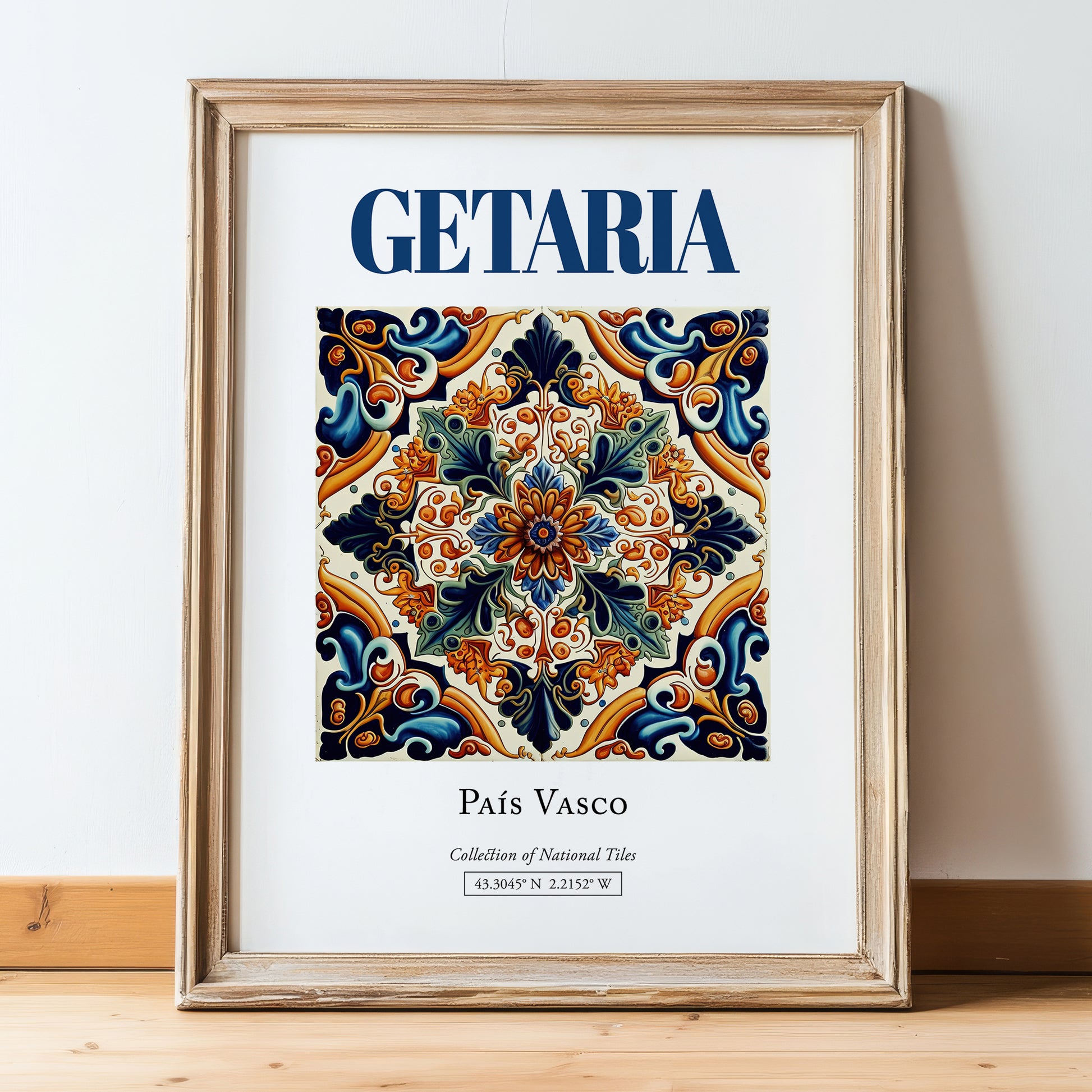 Getaria, Spain – Travel Wall Art, in wooden frame leaning on the floor