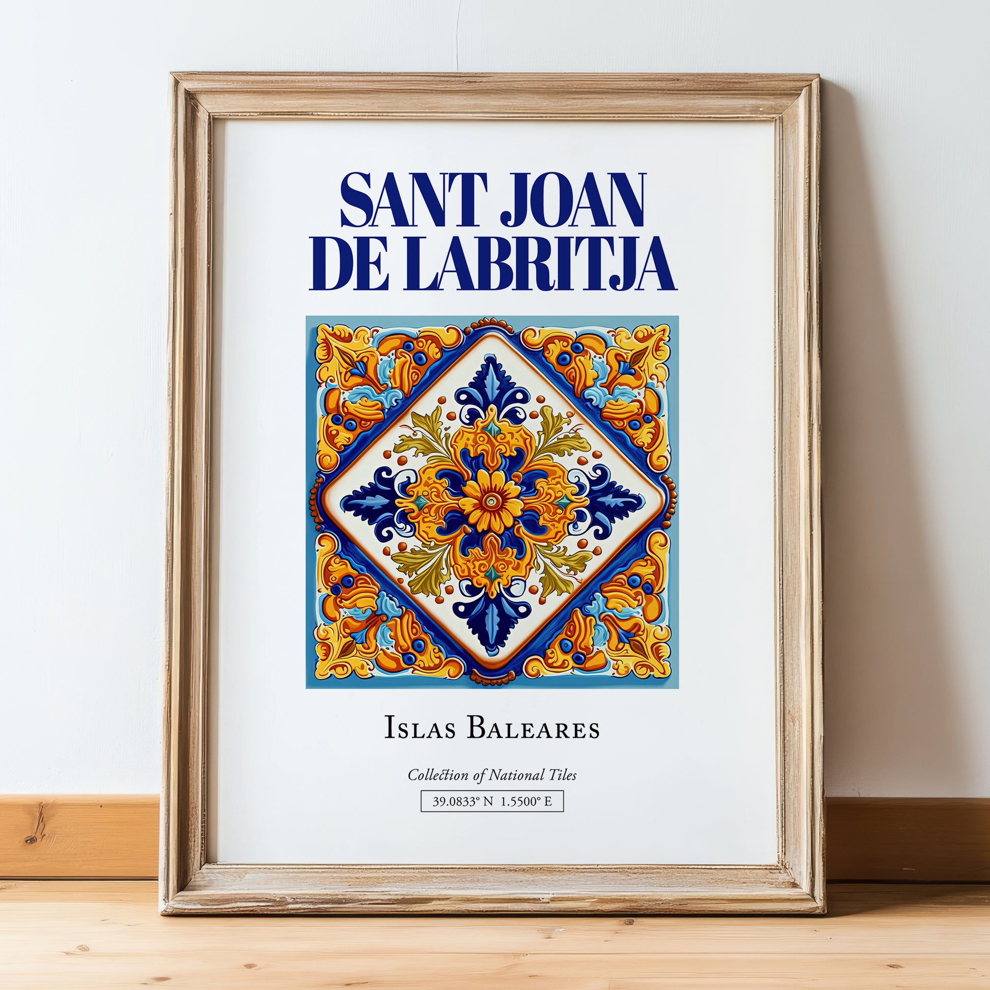 Sant Joan de Labritja, Spain – Historic Cities Art Print, in wooden frame leaning on the floor