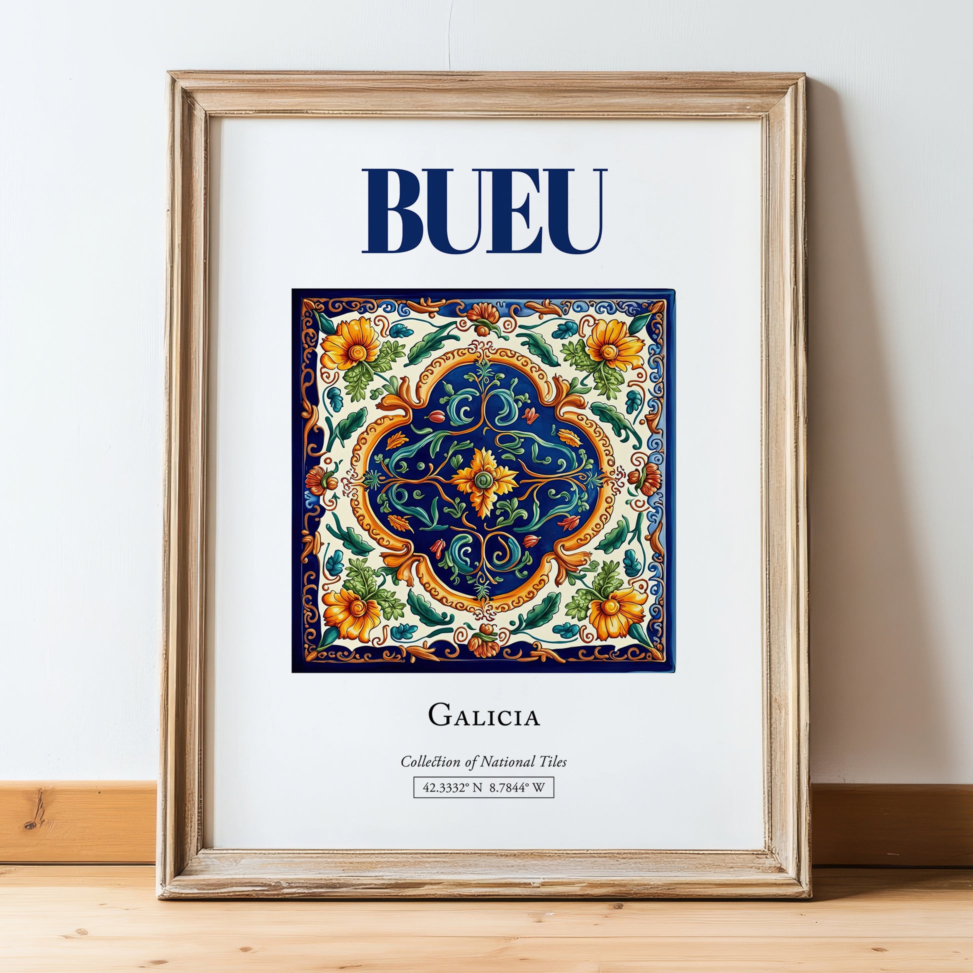 Bueu, Spain – Travel Poster, in wooden frame leaning on the floor
