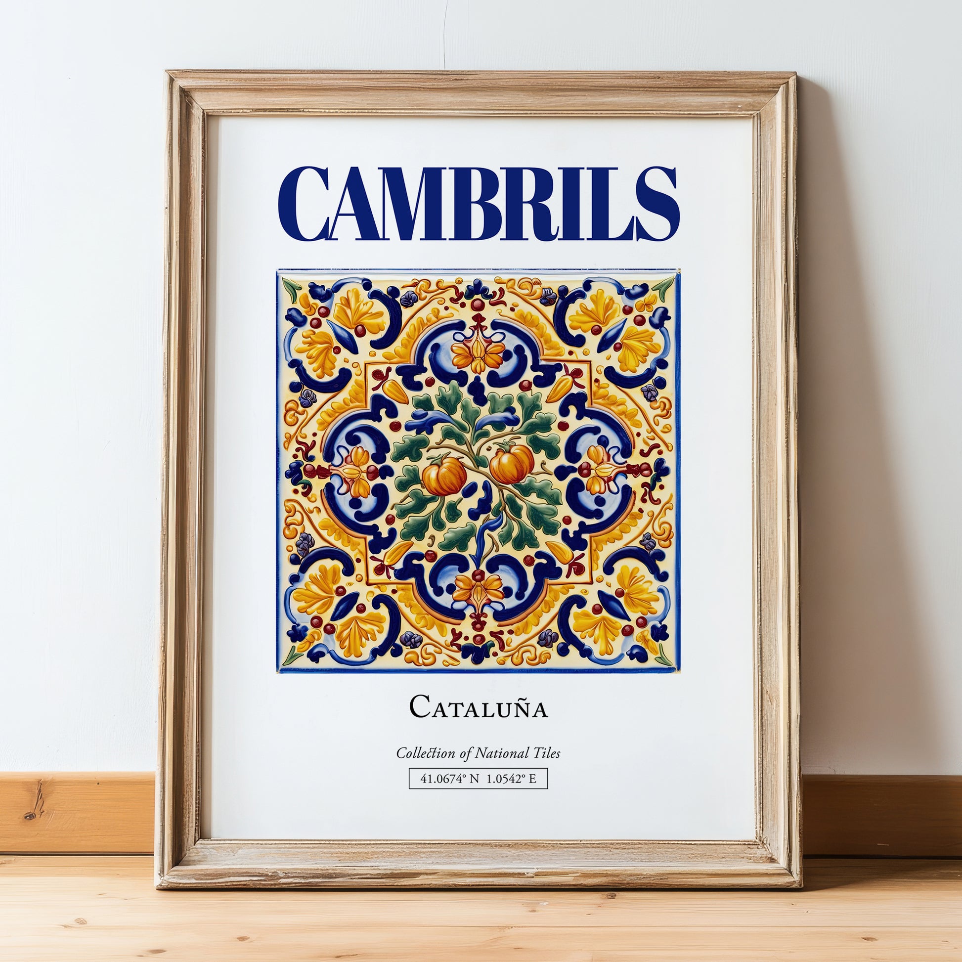 Cambrils, Spain – Vintage Travel Poster, in wooden frame leaning on the floor