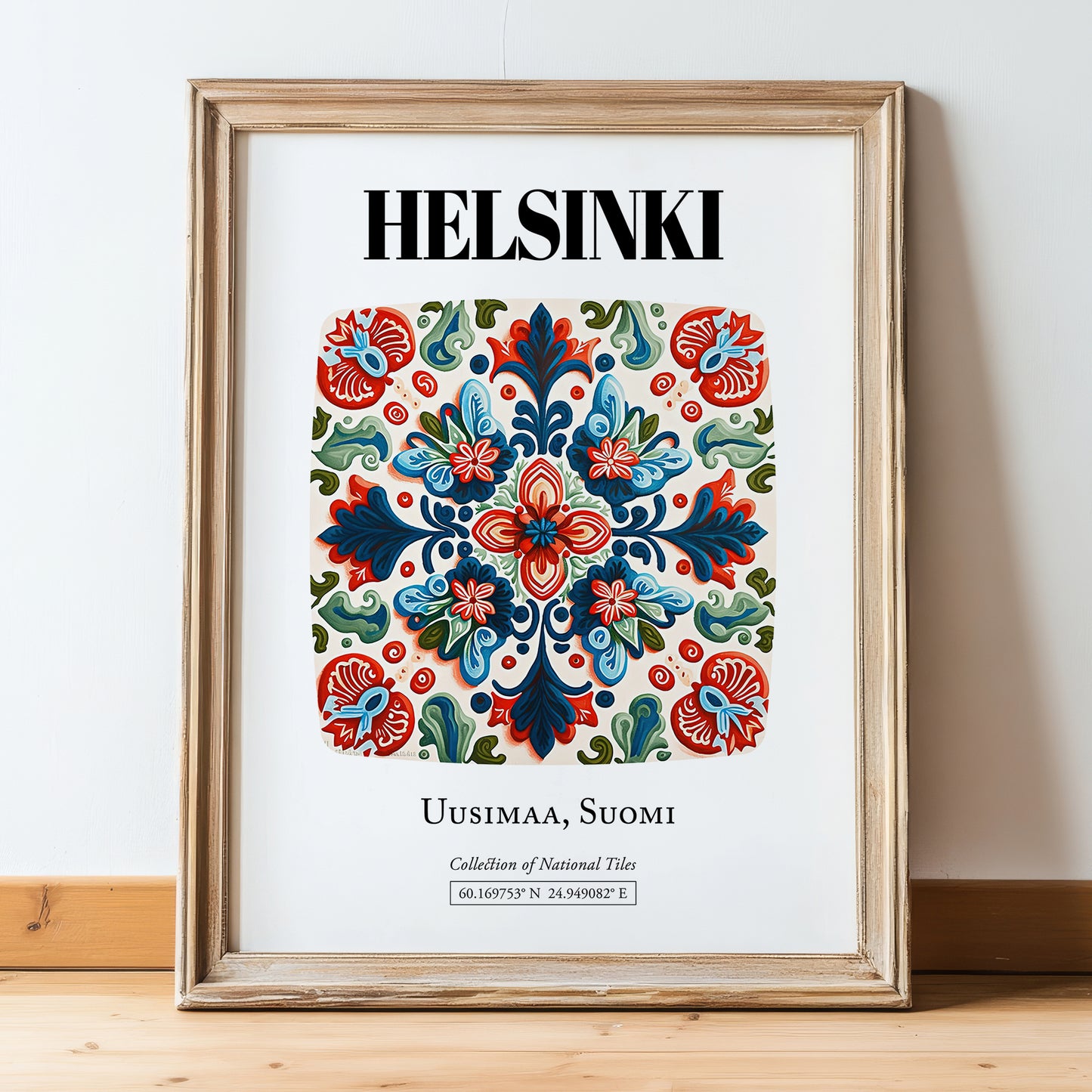 Helsinki, Finland – Country Culture Poster, in wooden frame leaning on the floor