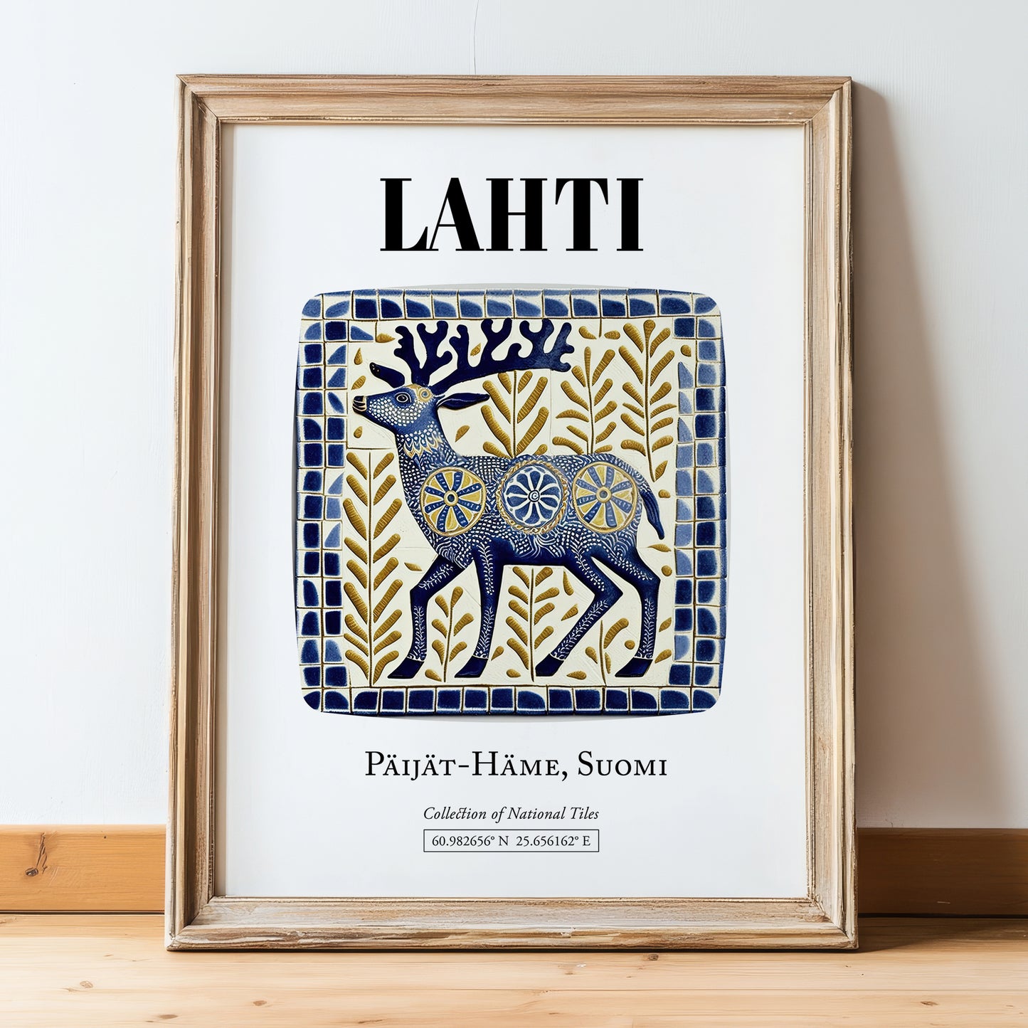Lahti, Finland – Travel Print, in wooden frame leaning on the floor