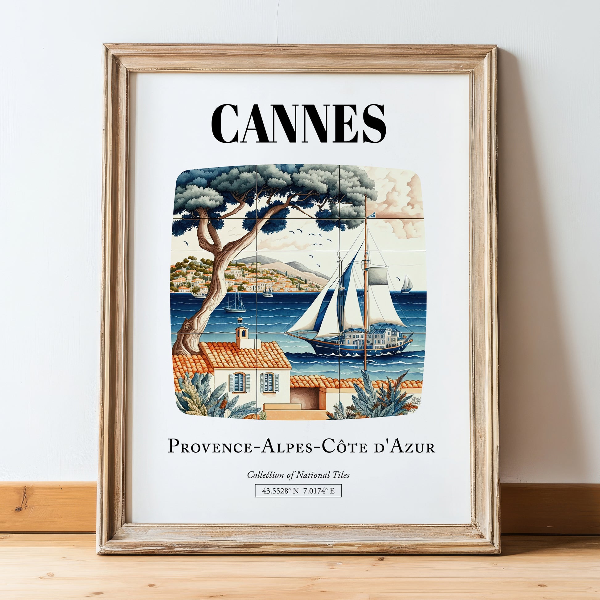 Cannes, France – Travel Poster, in wooden frame leaning on the floor