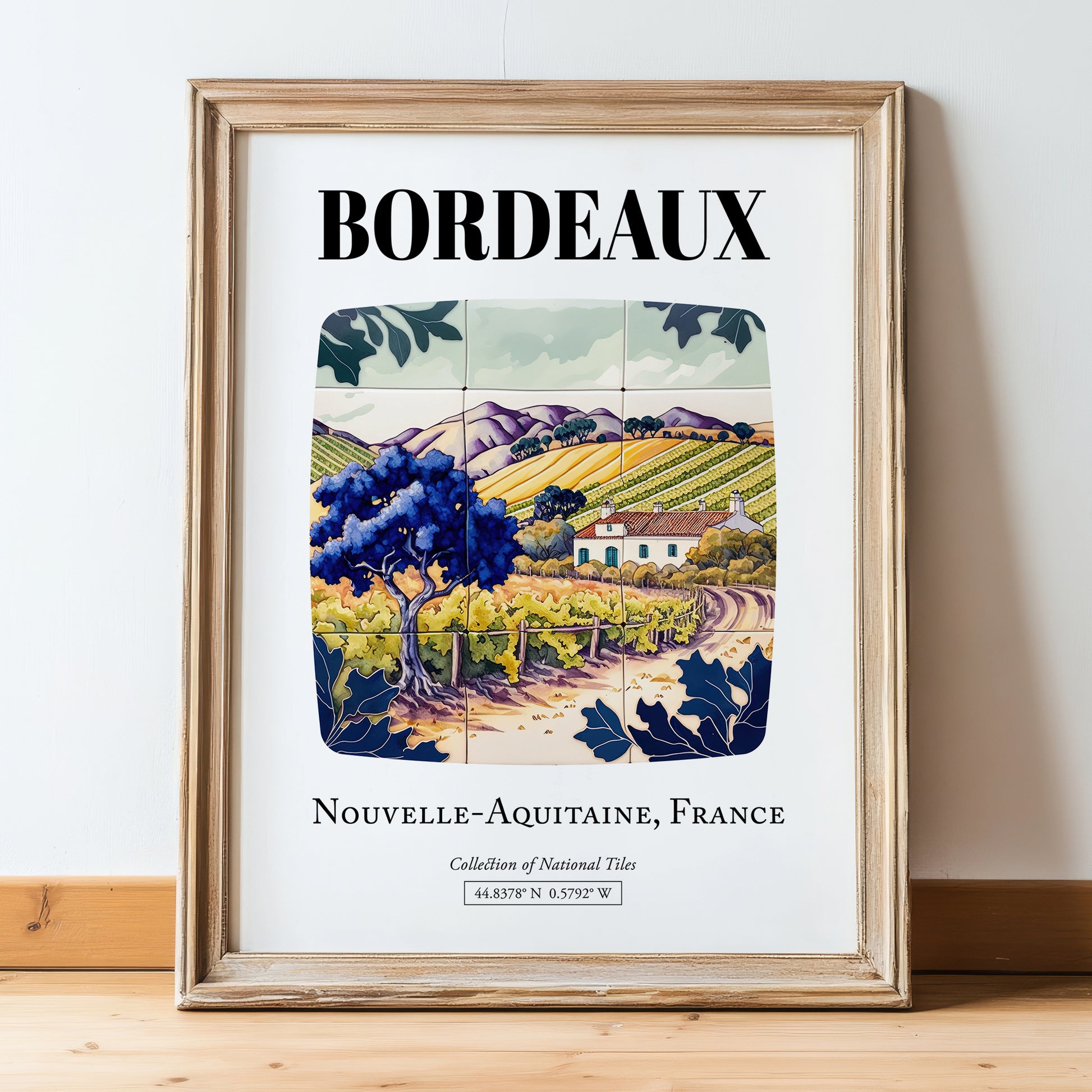 Bordeaux, France – Travel Print, in wooden frame leaning on the floor