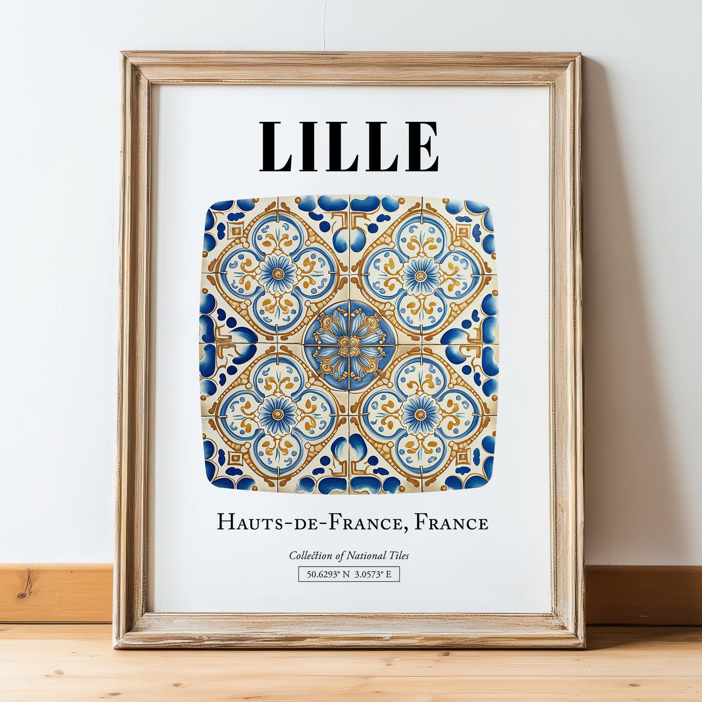 Lille, France – Travel Print, in wooden frame leaning on the floor