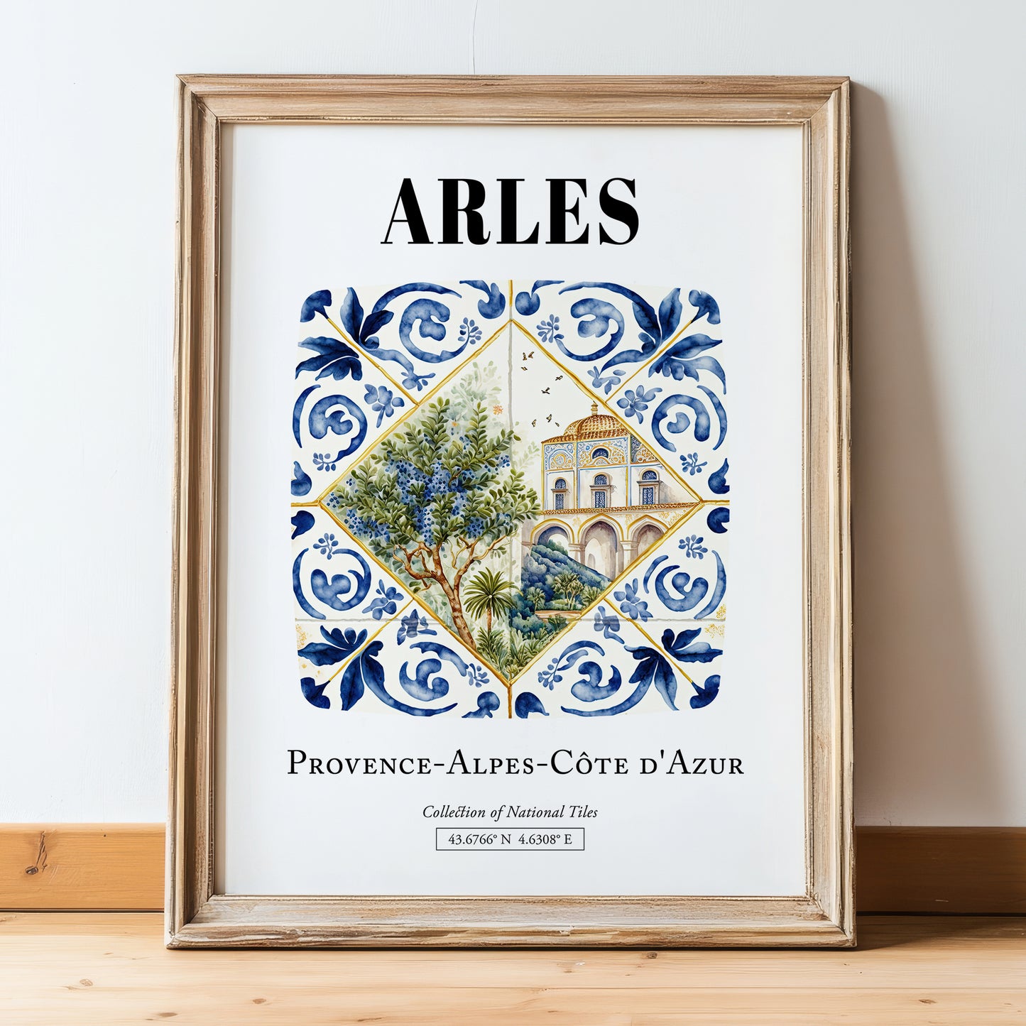 Arles, France – Travel Poster, in wooden frame leaning on the floor