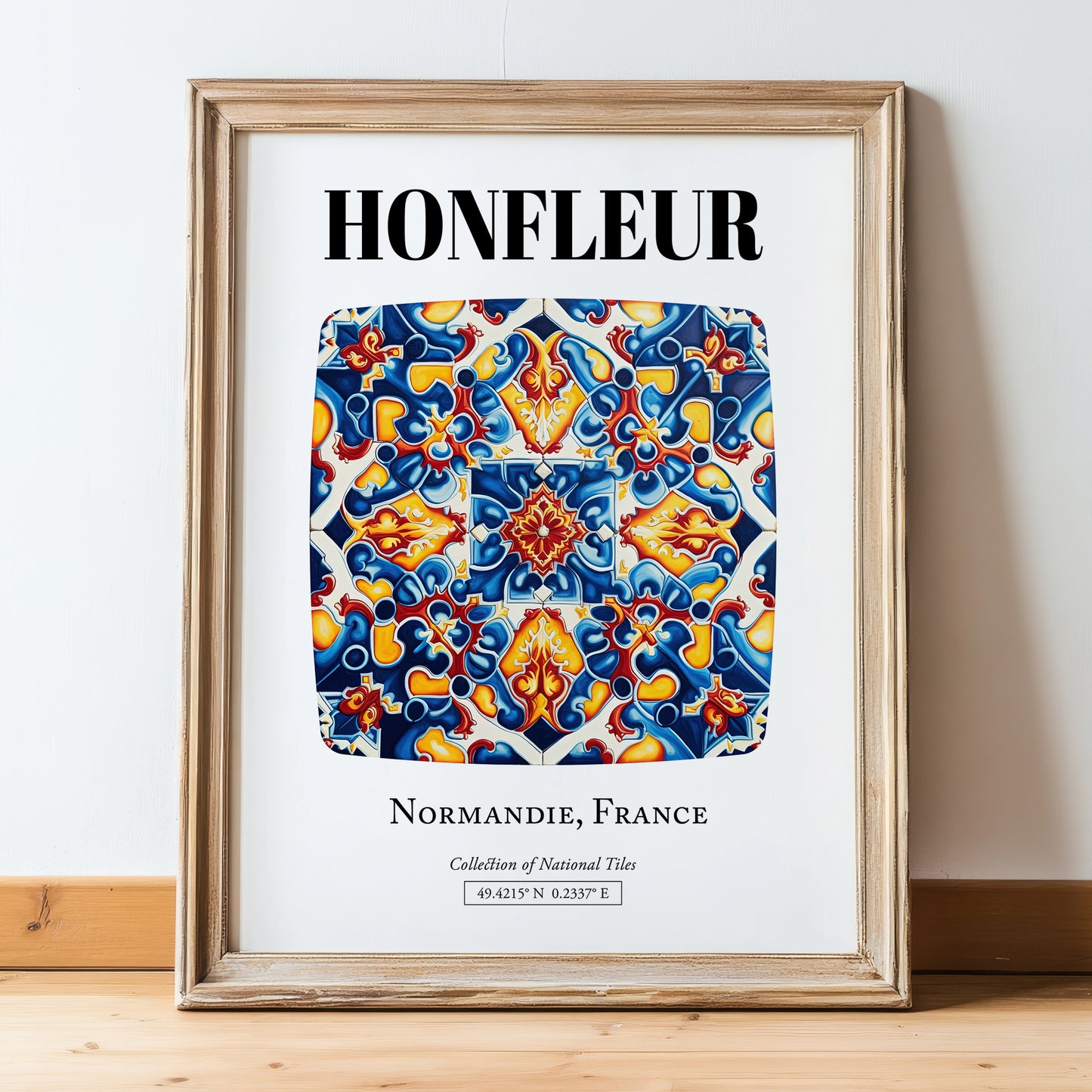 Honfleur, France – Travel Poster, in wooden frame leaning on the floor