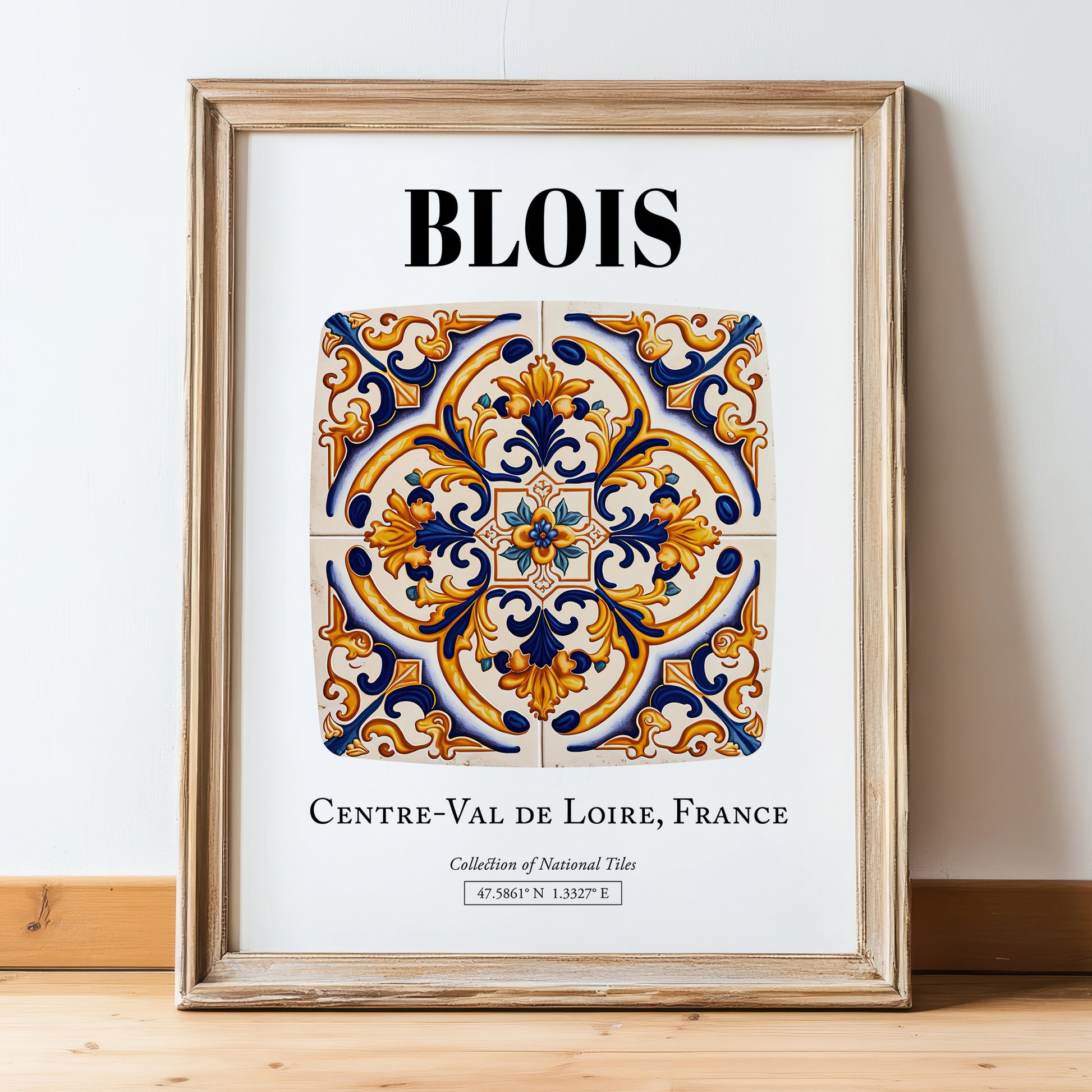 Blois, France – Travel Poster, in wooden frame leaning on the floor