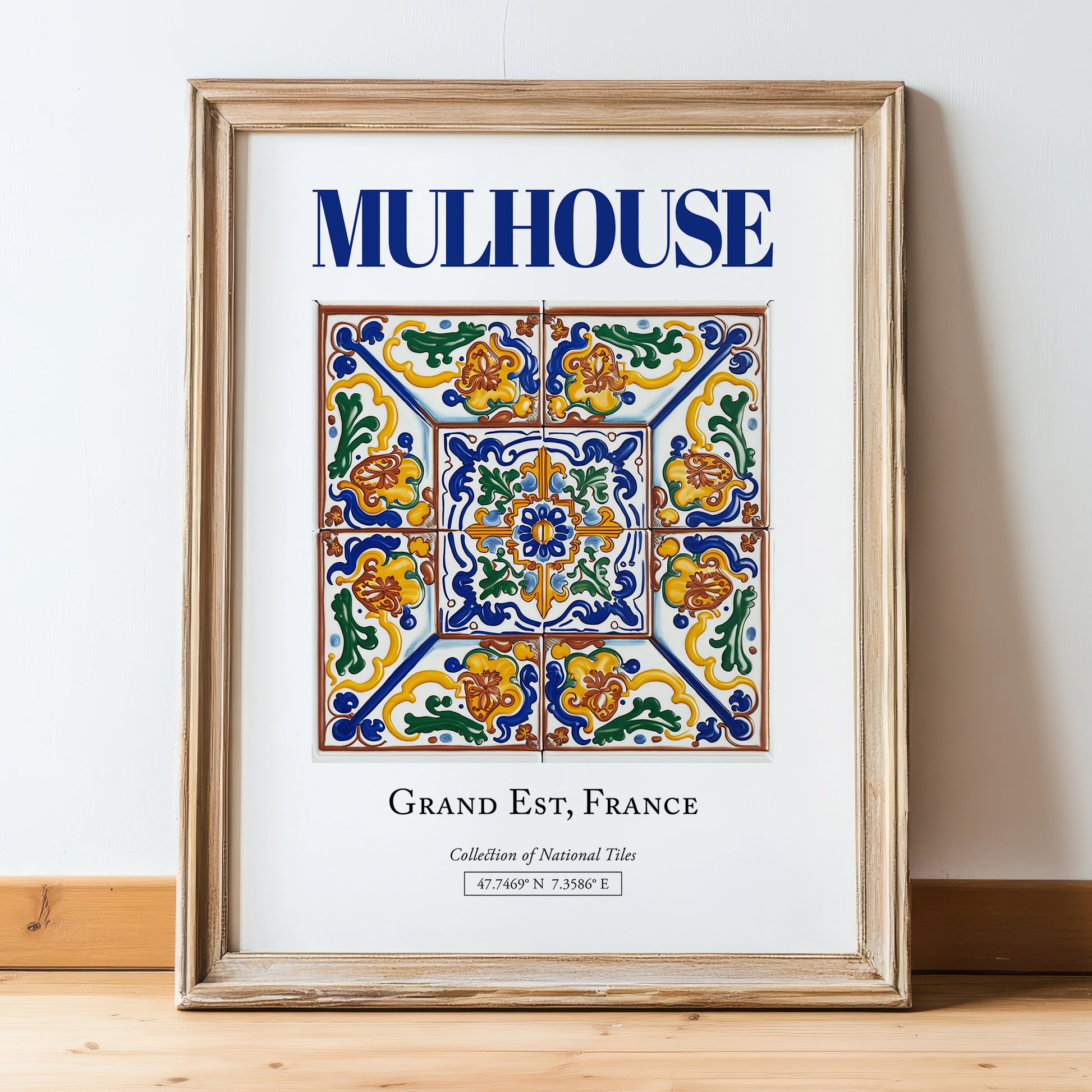 Mulhouse, France – Travel Poster, in wooden frame leaning on the floor