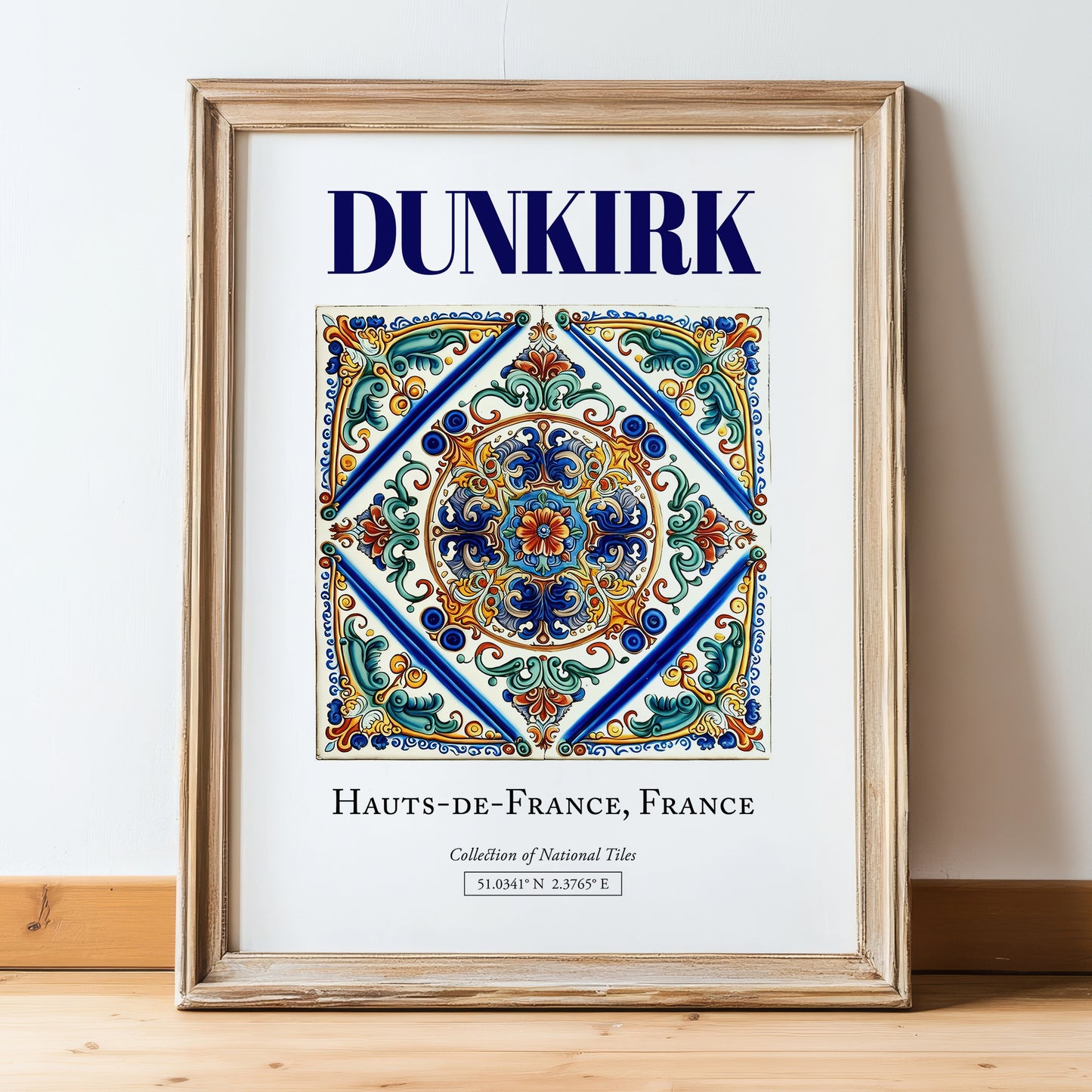 Dunkirk, France – Retro Travel Poster, in wooden frame leaning on the floor