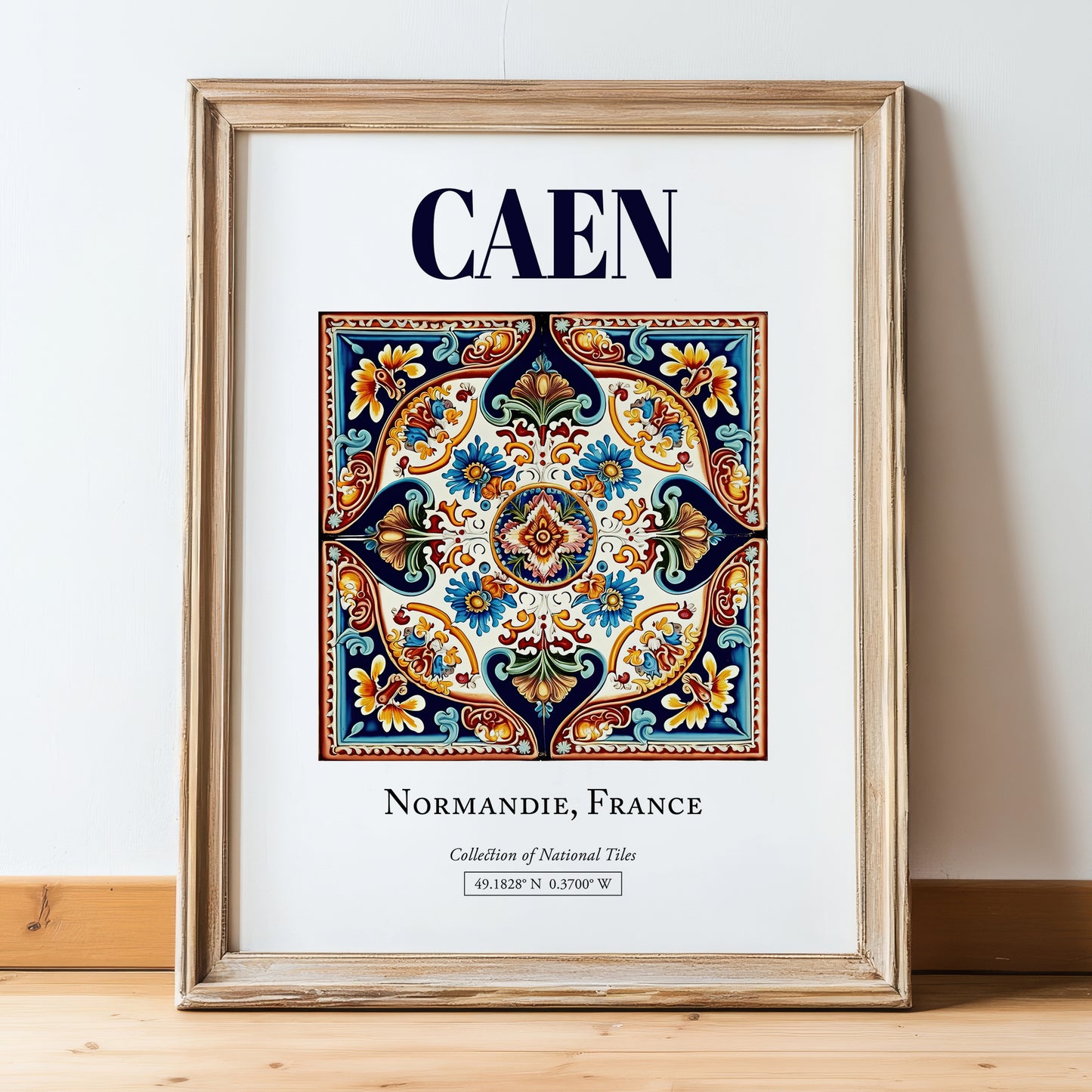 Caen, France – Travel Print, in wooden frame leaning on the floor