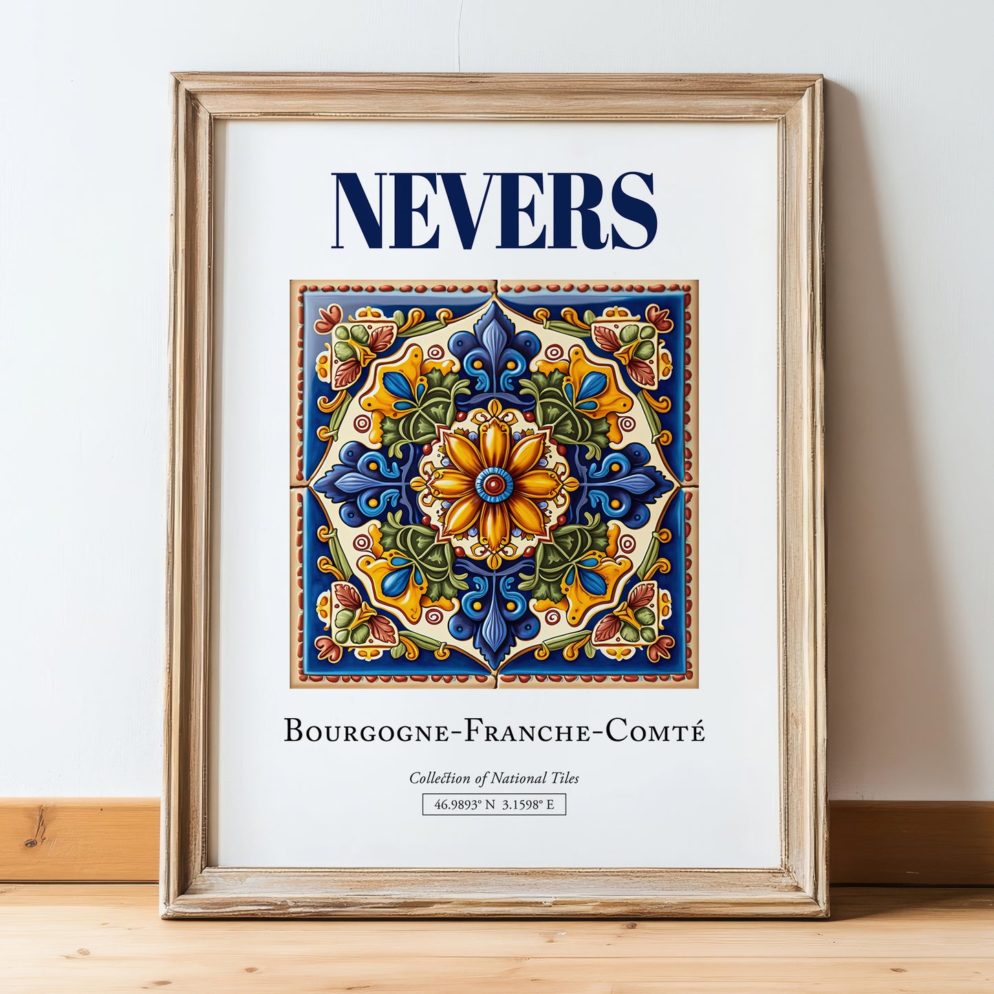 Nevers, France – Away From Home Poster, in wooden frame leaning on the floor
