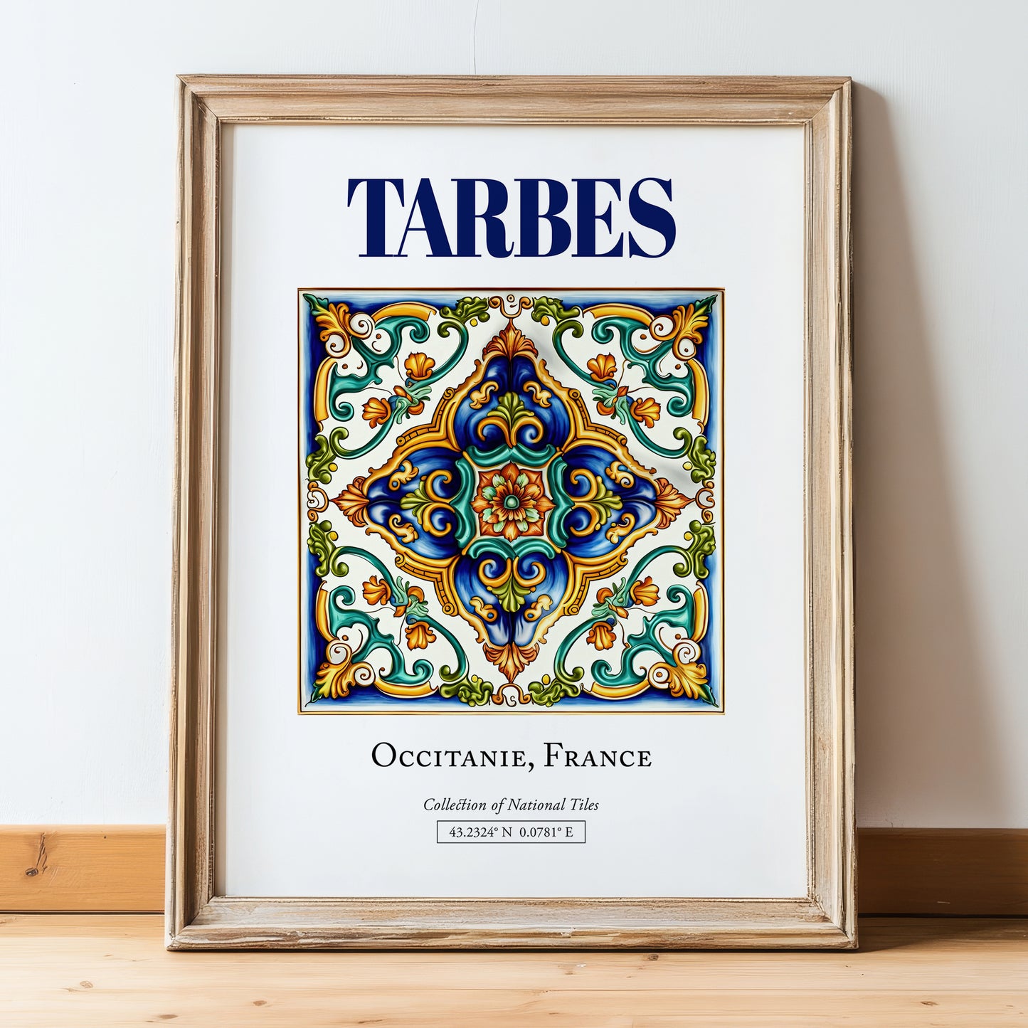 Tarbes, France – Travel Poster, in wooden frame leaning on the floor