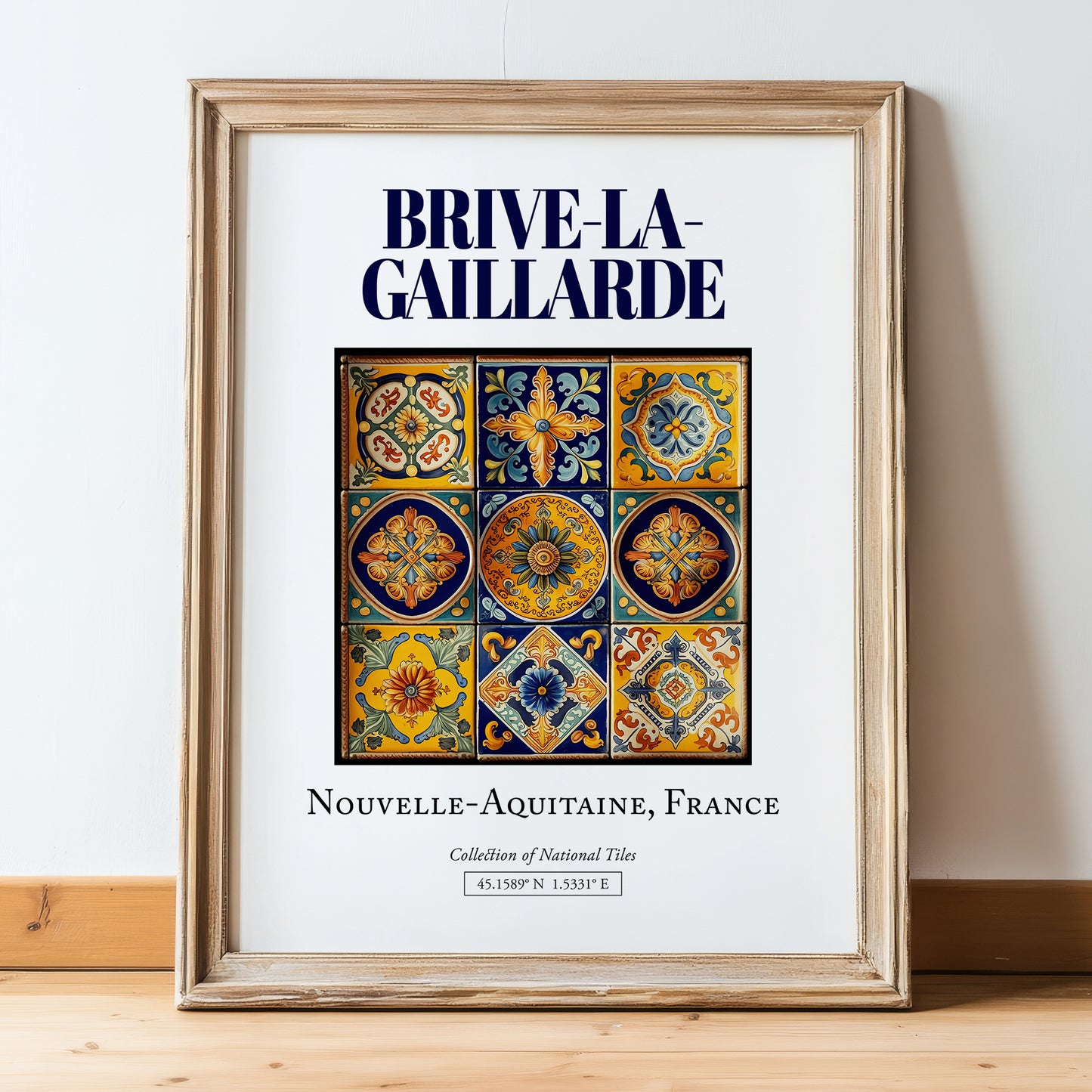 Brive-la-Gaillarde, France – Travel Print, in wooden frame leaning on the floor