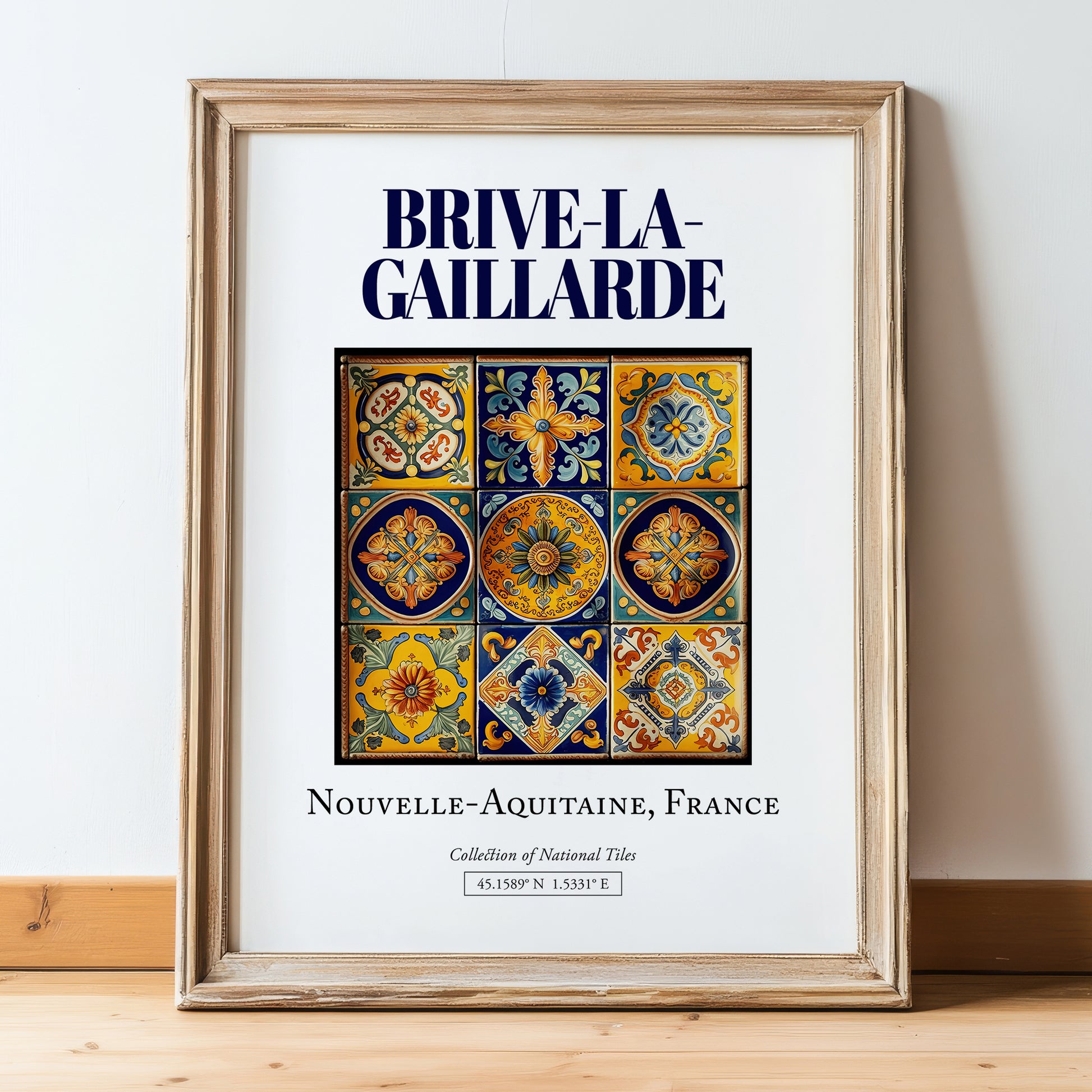 Brive-la-Gaillarde, France – Travel Print, in wooden frame leaning on the floor