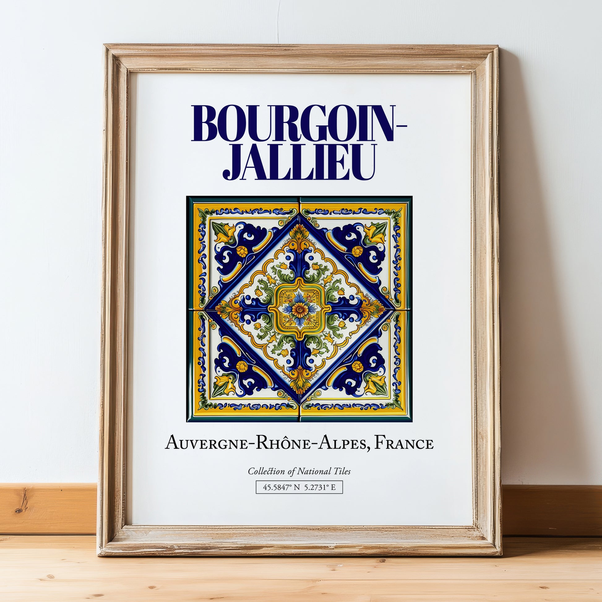 Bourgoin-Jallieu, France – Travel Poster, in wooden frame leaning on the floor